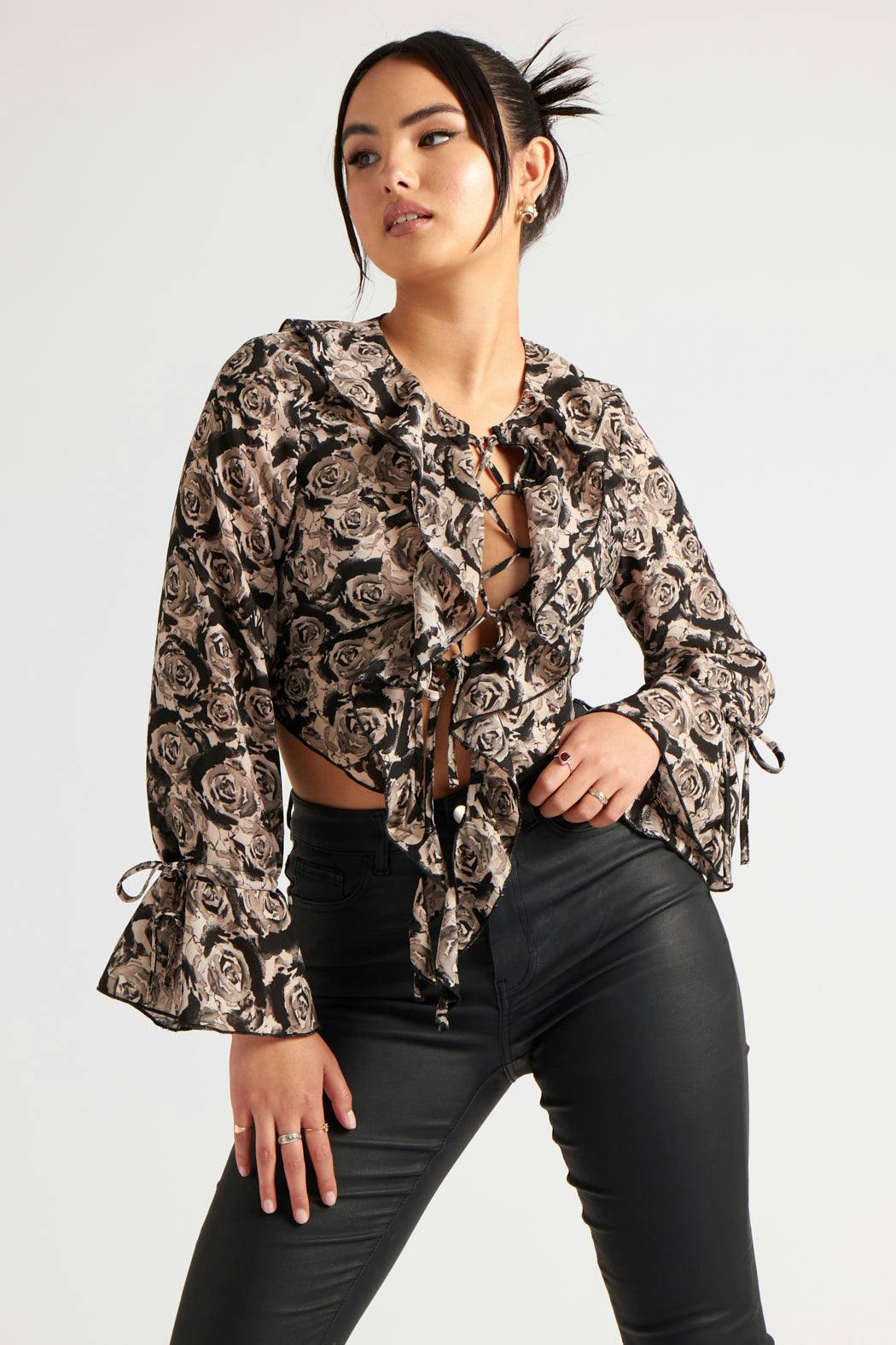 Urban Bliss Light Floral Lattice Front Ruffle Top - 8