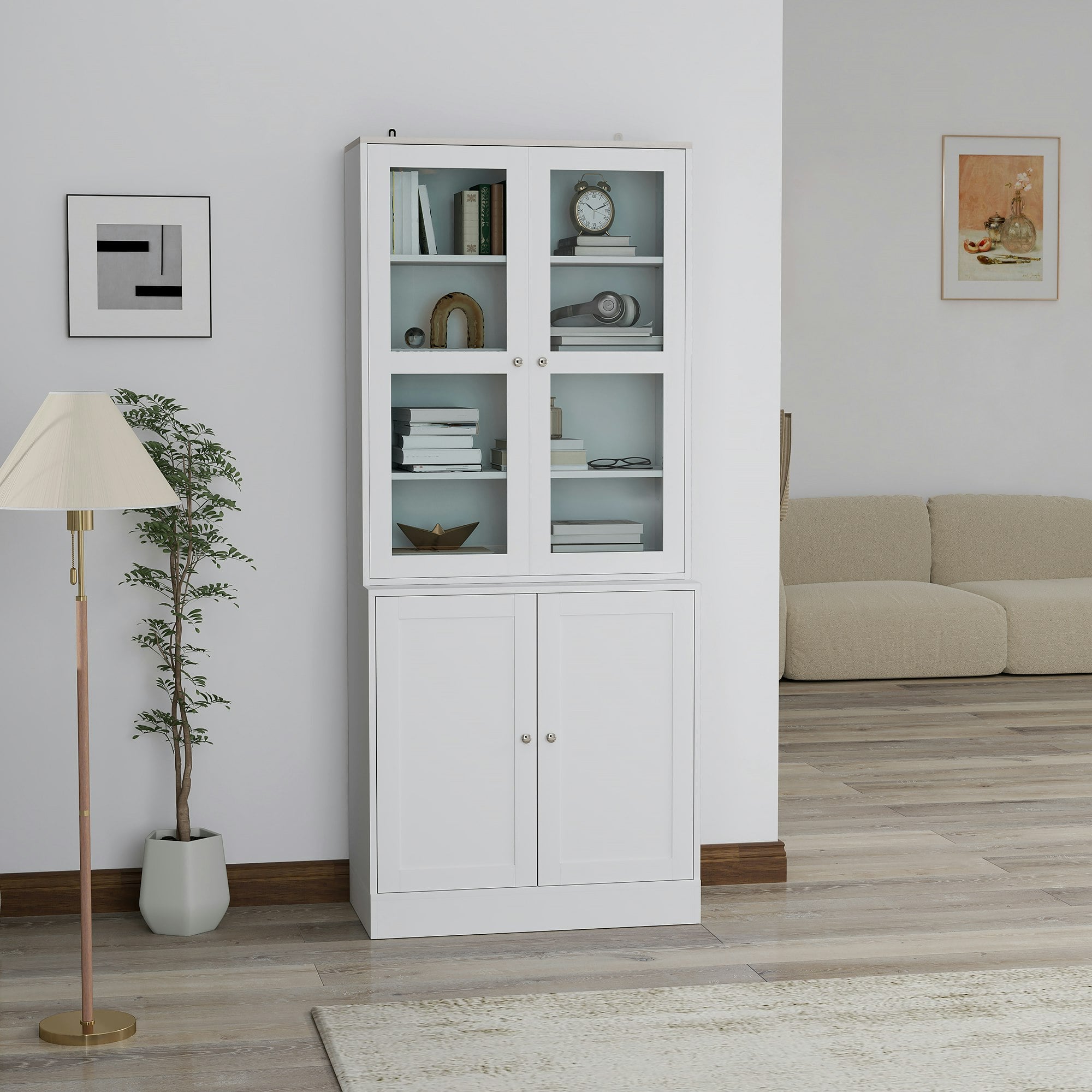 Rackhams White Modern Bookcase Display Storage Cabinet W/ Doors Adjustable Shelves - And Natural