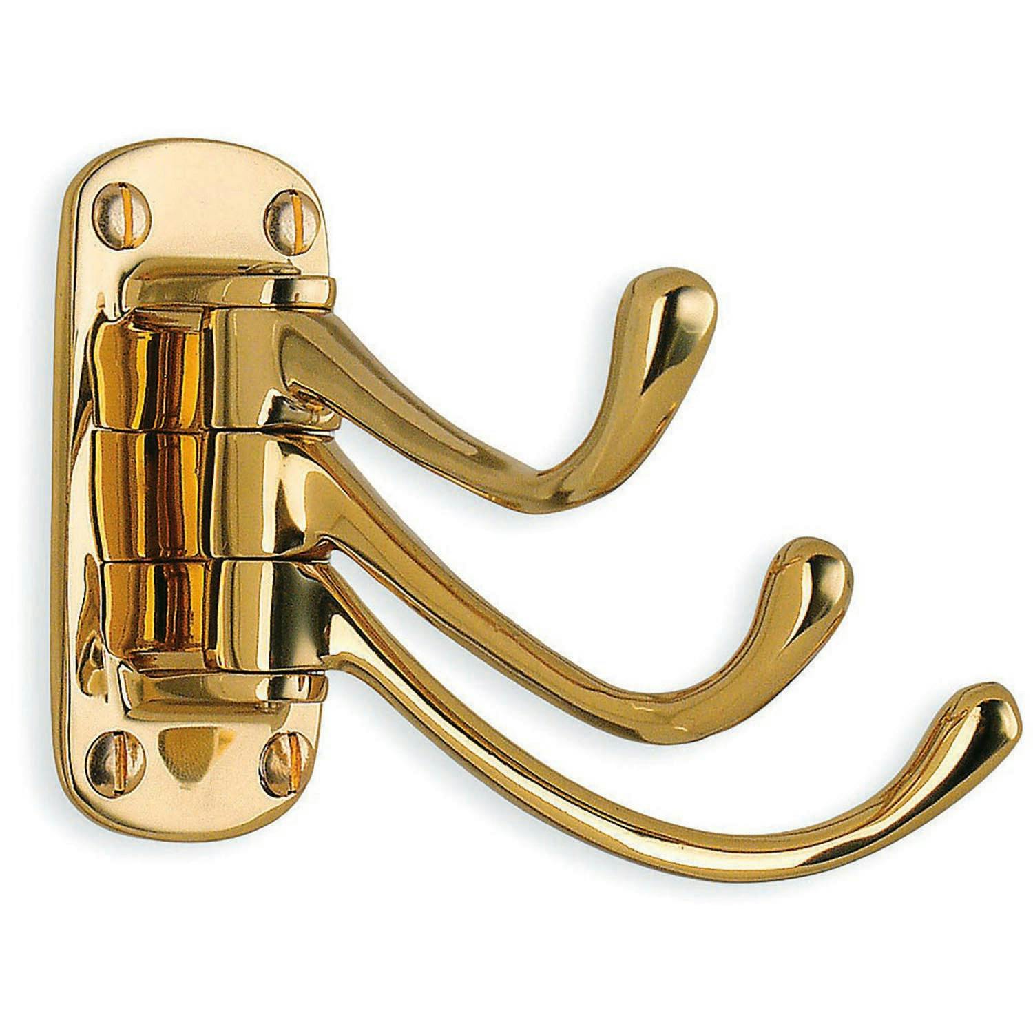 Rackhams Triple Swinging Coat Hook In Polished Bass Finish, Height 80 Mm