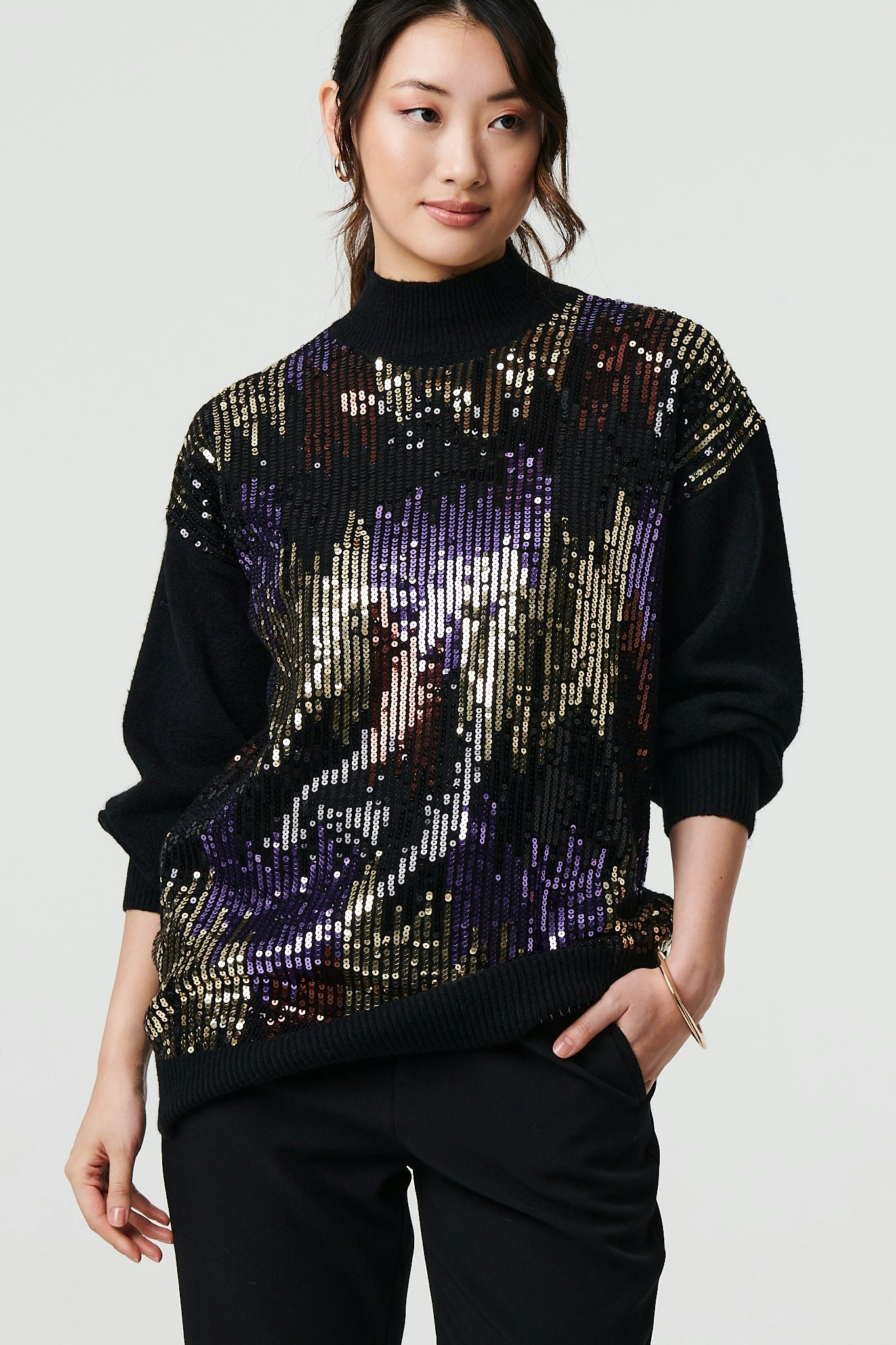 Izabel London Black Sequin Embellished Puff Sleeve Jumper - M/L