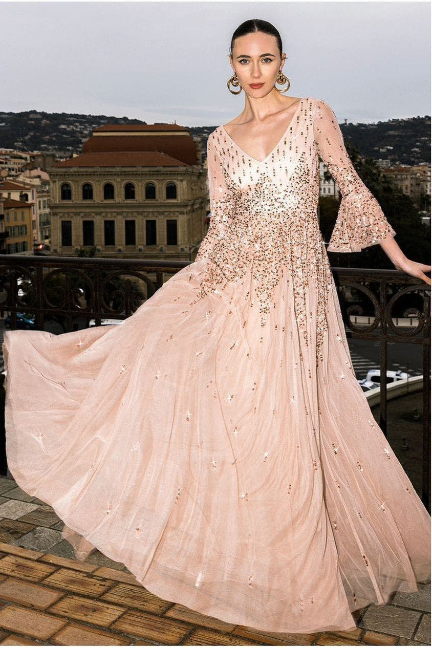 Goddiva Light Sunray Hand Embellished Sequin A-Line Bell Sleeve Maxi Dress - Champagne By - Champagne - 12