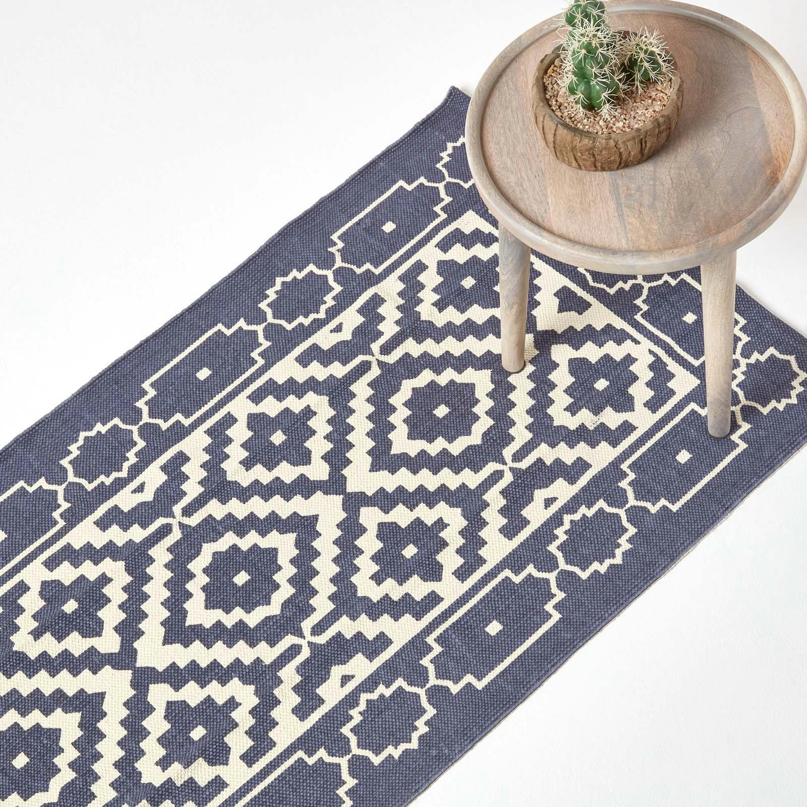 Rackhams Blue/White Halmstad And Scandi Style 100% Cotton Printed Rug - 66 X 200 Cm