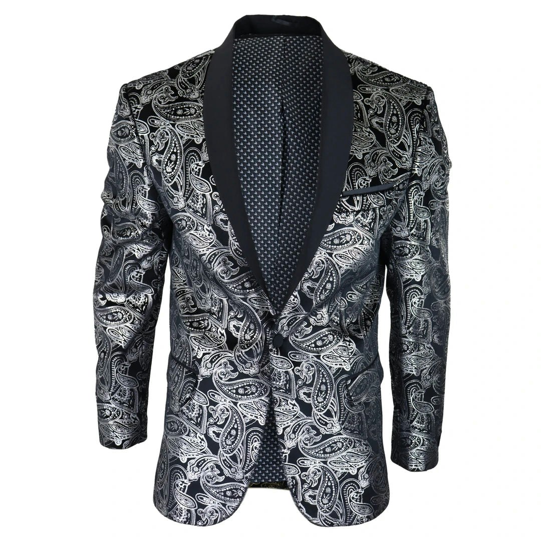 Truclothing Men's Black/Gold/Silver Stz64-65 - Velvet Paisley Floral Blazer Tuxedo Jacket - 48