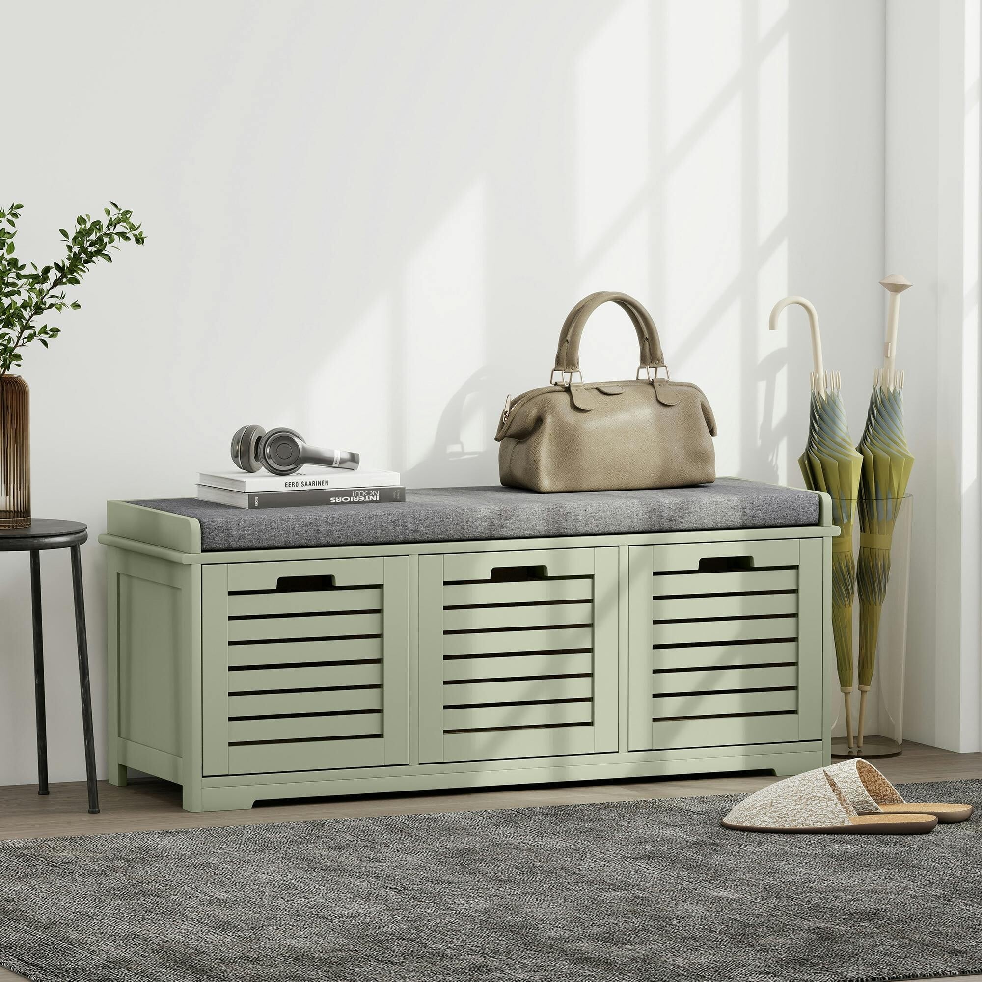 Homcom Green 3-Door Shoe Storage Bench Cushion Seat Slatted Doors, - Mdf, Polyester, Sponge - 1