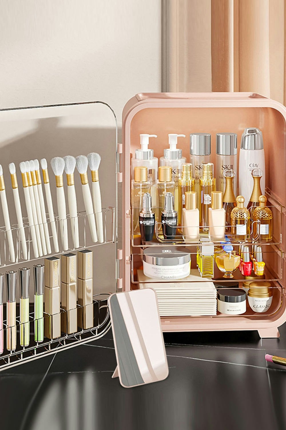 Living And Home Pink Cosmetic Organizer Skincare Display Box Makeup Storage Case With Mirror