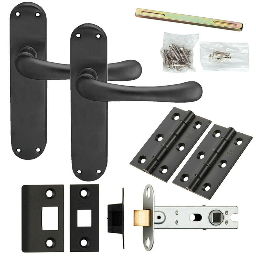 Rackhams Black Loops Door Handle & Latch Pack Matt Smooth Rounded Lever Slim Curved Backplate