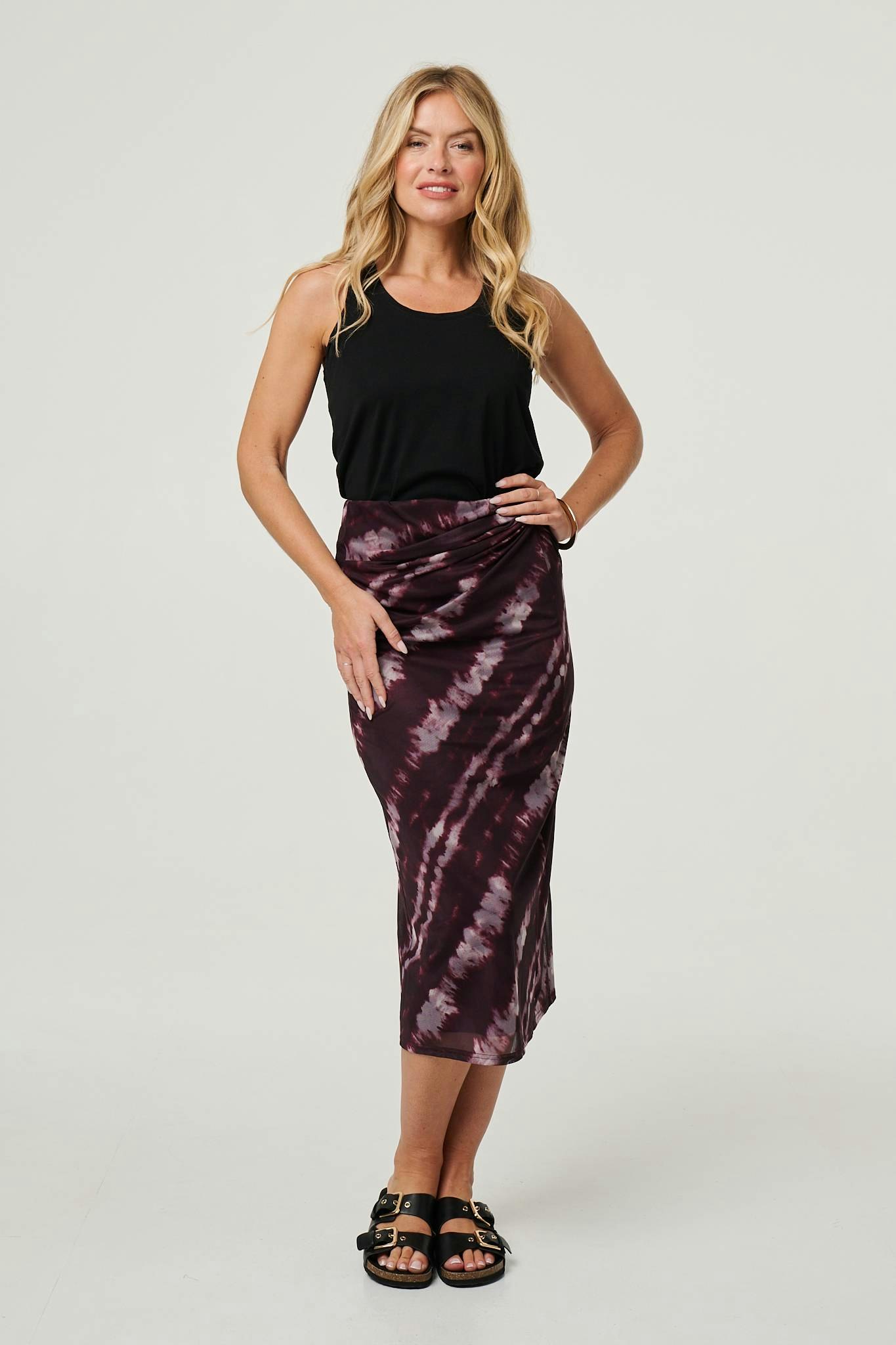 Izabel London Burgundy Tie Dye Ruched High Waist Midi Skirt - 10