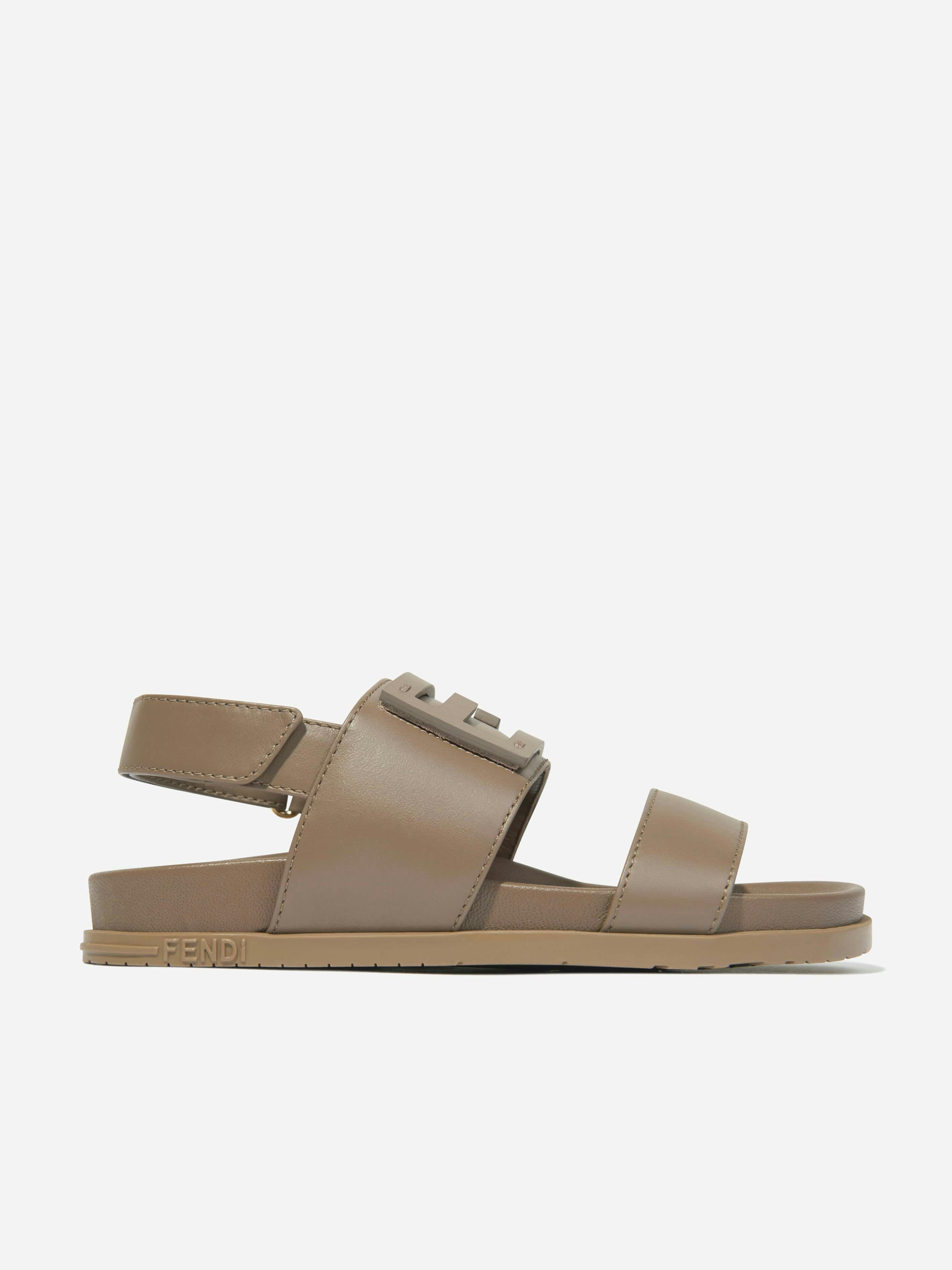 Fendi Kids Unisex Kids Beige Leather Ff Logo Sandals In - Eu 33 Uk 1