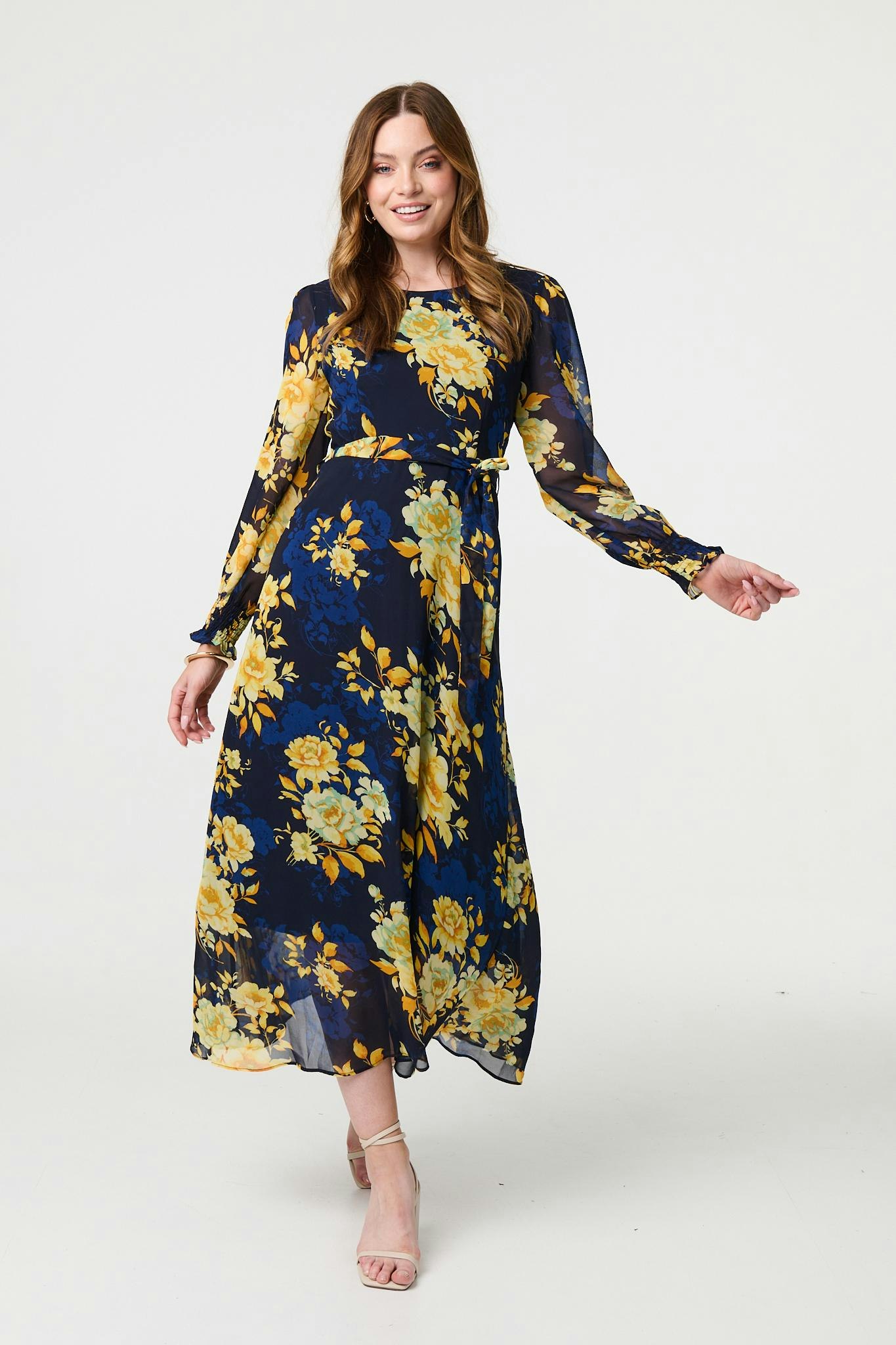 Izabel London Light Floral Long Sleeve Chiffon Midi Dress - Navy - 8