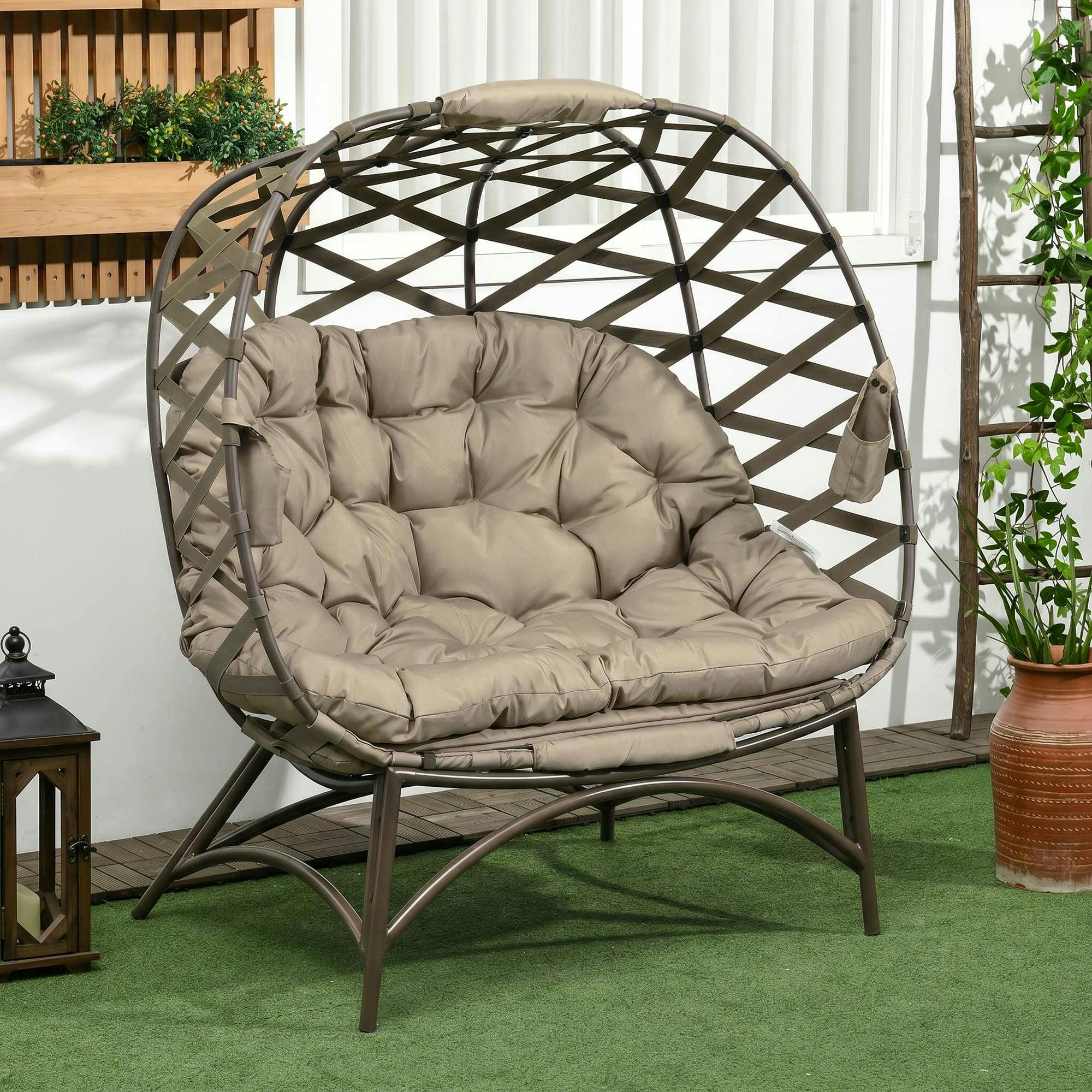 Rackhams 2 Seater Egg Chair Outdoor With Cushion, Cup Pockets - Khaki