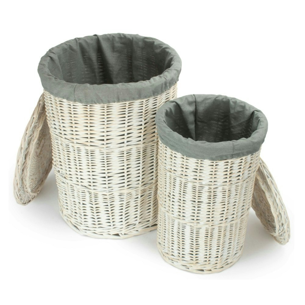 Rackhams White/Grey Set Of 2 Round Wash Wicker Laundry Hamper With Sage Lining