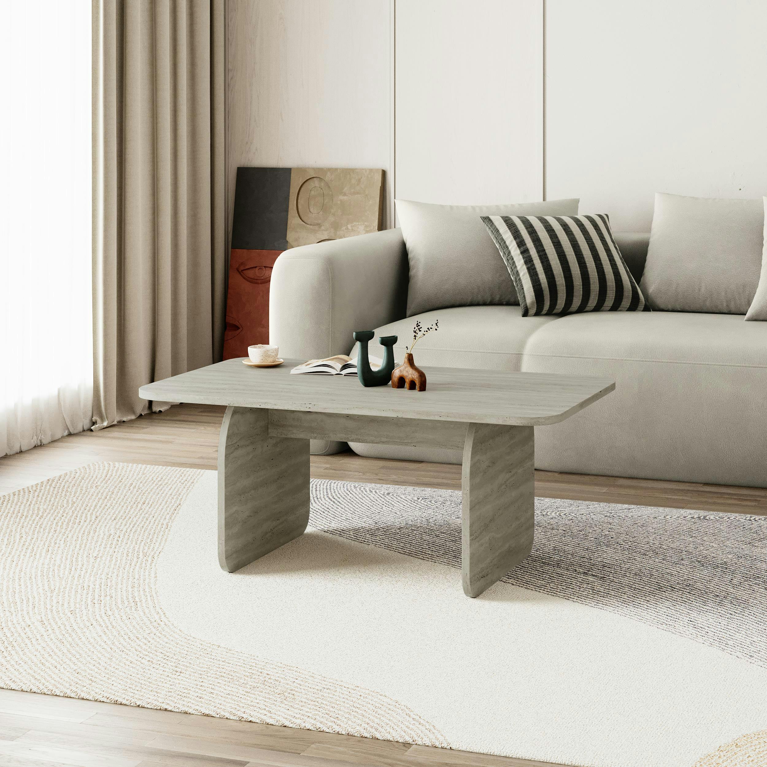 Rackhams Light/Grey/Green Modern Coffee Table Radius Edges With Flat Panel Legs Japandi Style Particleboard Living Room 100Cm - Travertine