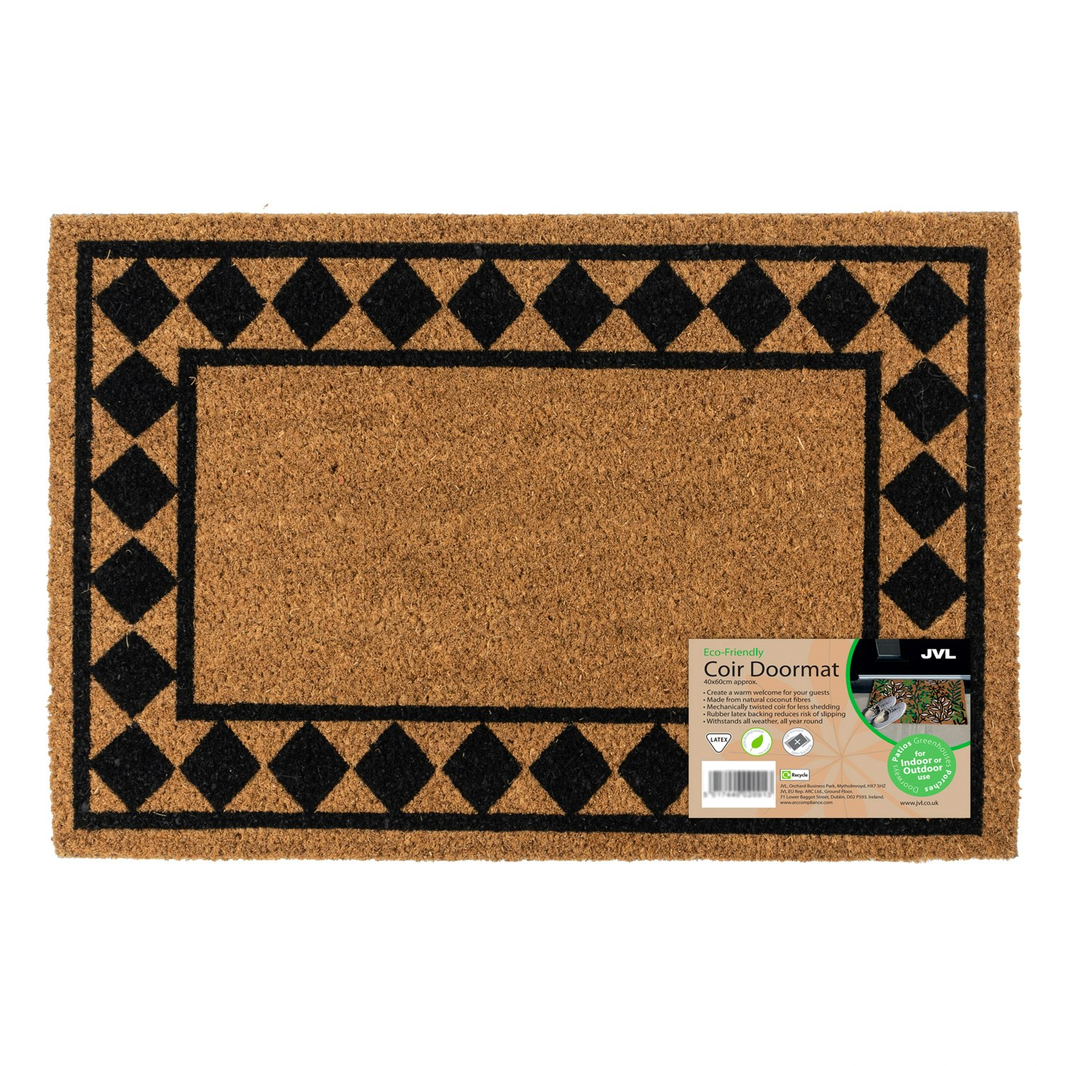 Jvl Brown Eco-Friendly Latex Backed Coir Entrance Doormat, 40X60cm - Diamond Border - 1