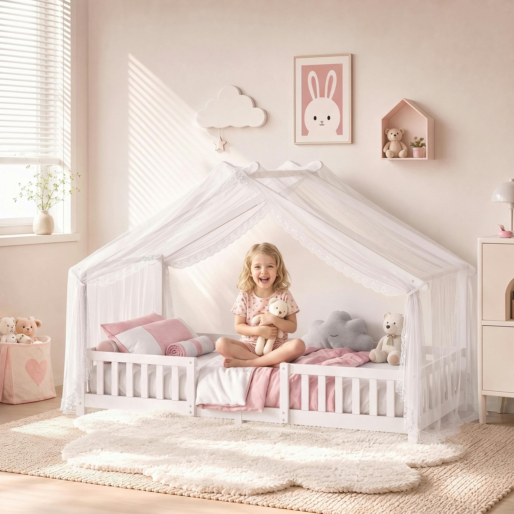 Aiyaplay Boys White Wooden Kids House Single Bed Frame, Solid Pine Wood Toddler Bed With Dual Guardrails For Children, Girls, - Image 3