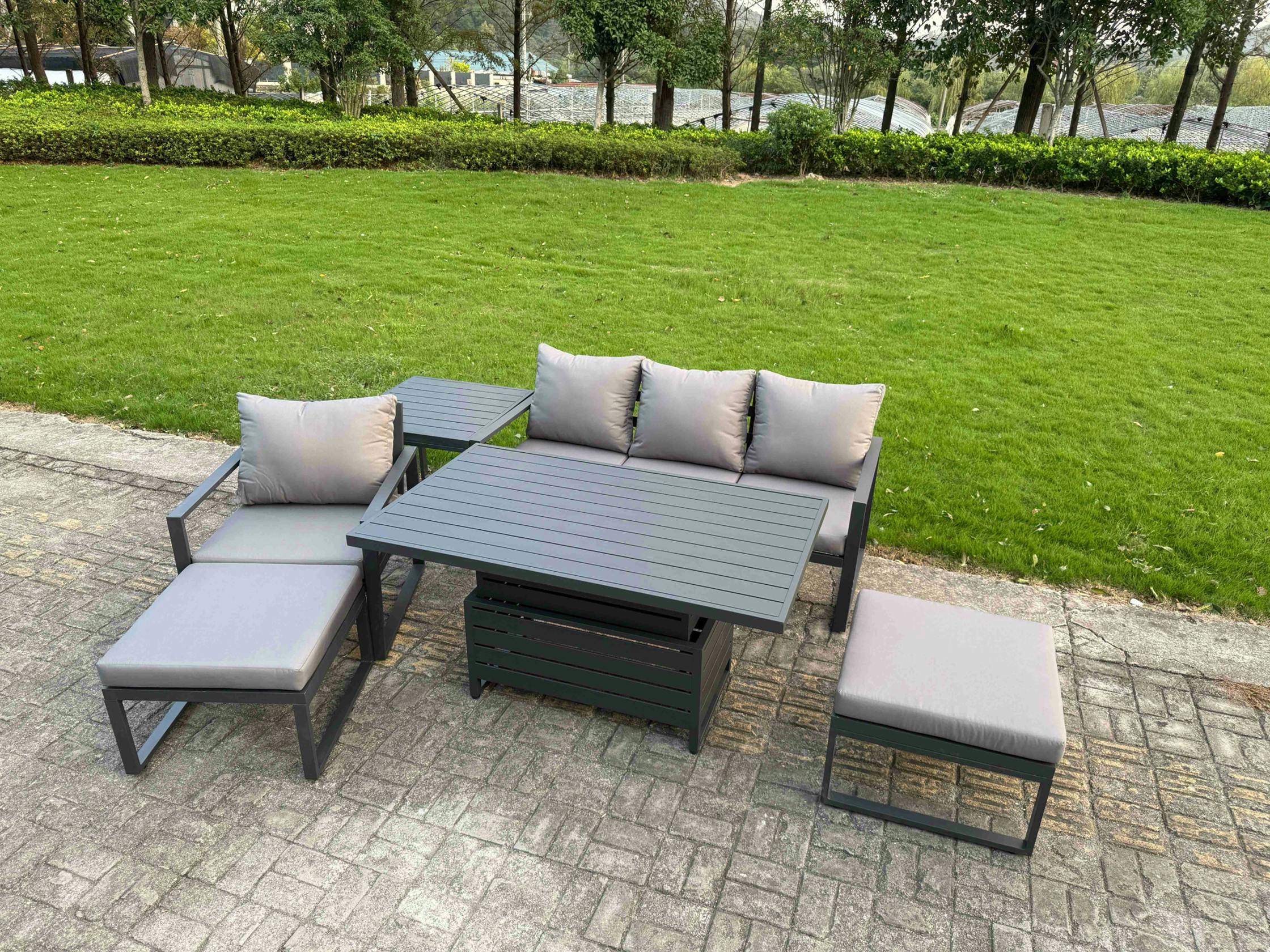 Rackhams Dark/Grey 6 Seater Aluminium Garden Furniture Set With Adjustable Rising Dining Table, Side Table