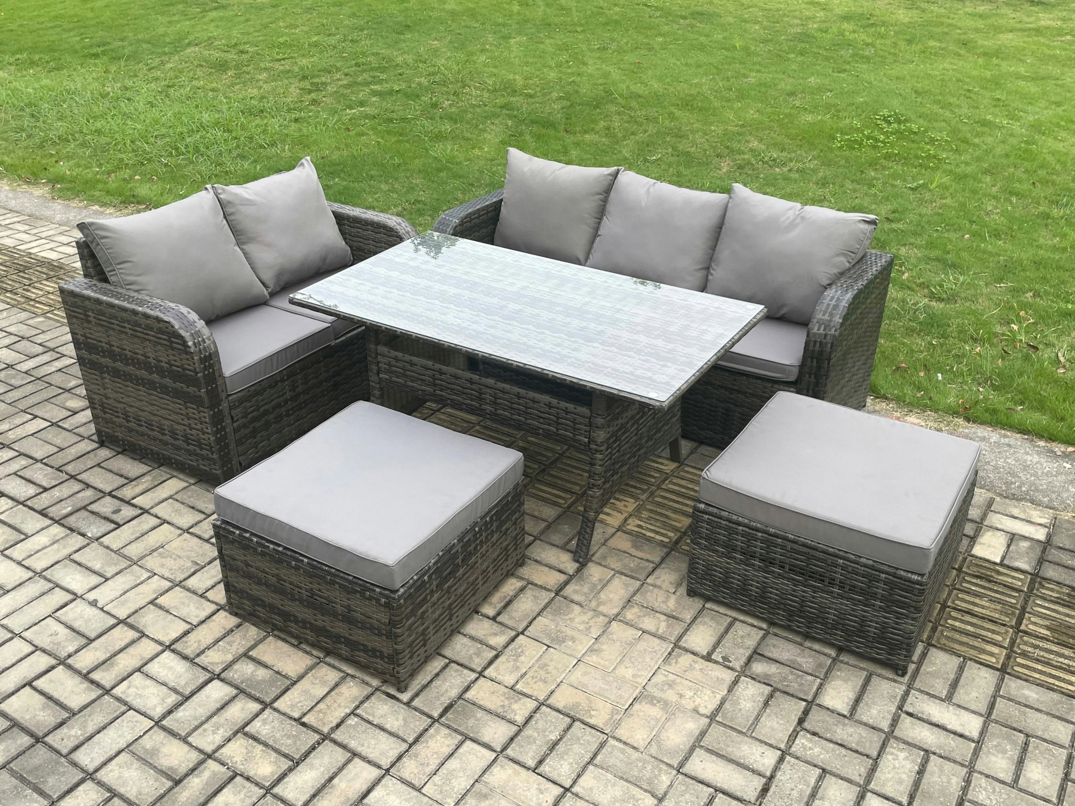 Rackhams Dark/Grey Outdoor Garden Patio Furniture Wicker Rattan Oblong Rectangular Dining Table And Lounge Sofa Set With 2 Big Footstool Mixed