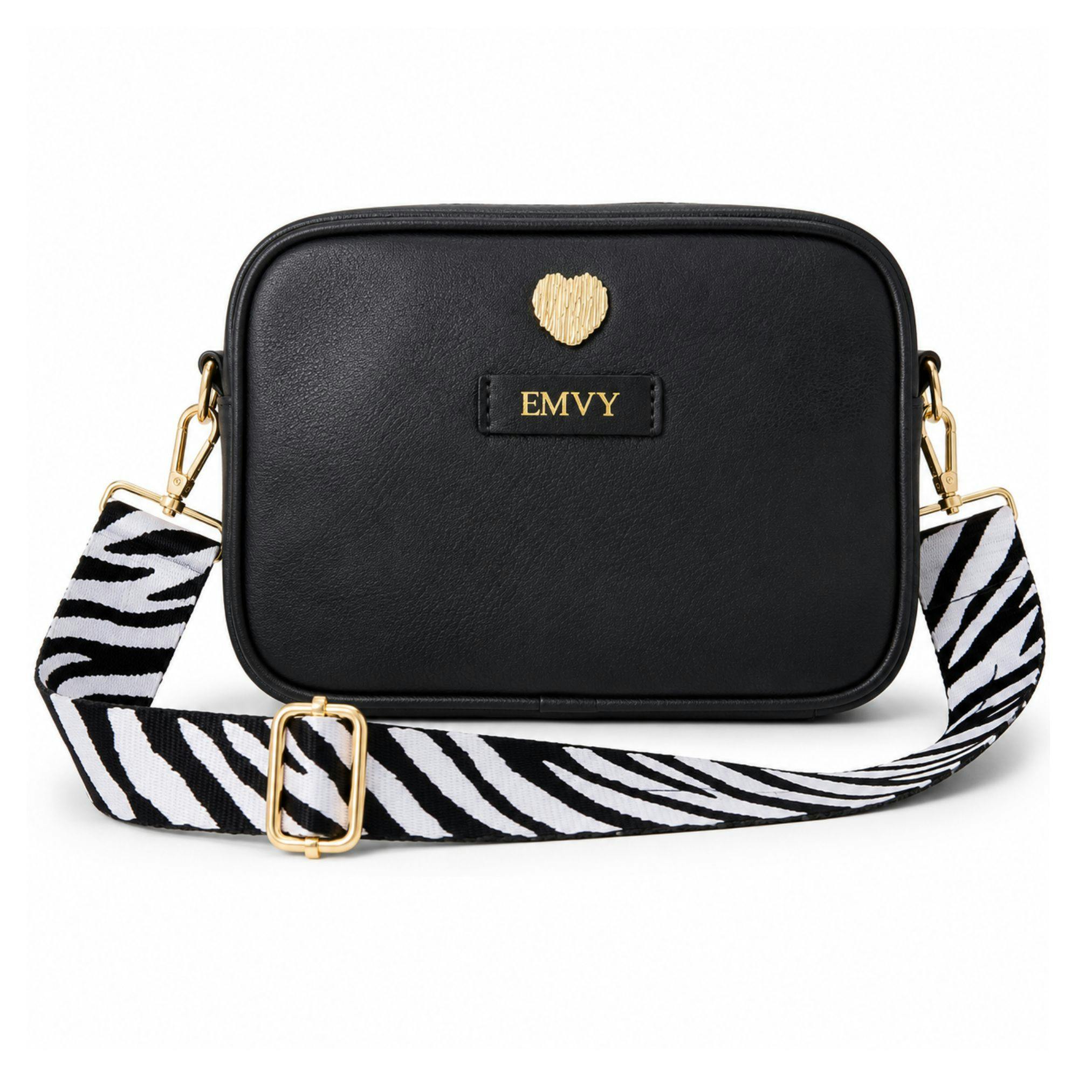Love Emvy Black Signature Heart Genuine Leather Mini Crossbody Bag With 2 Adjustable Straps