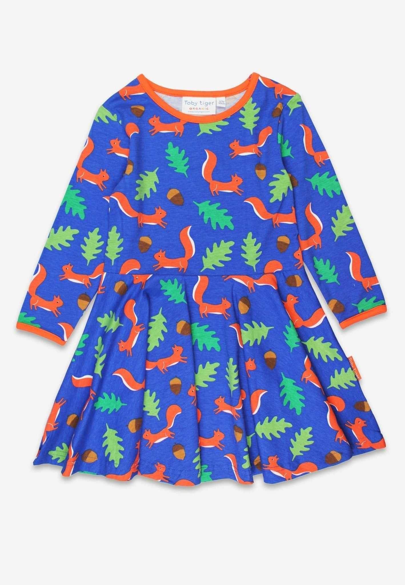 Toby Tiger Blue/Orange Organic Squirrel Print Long-Sleeved Skater Dress - 18-24M / 92Cm
