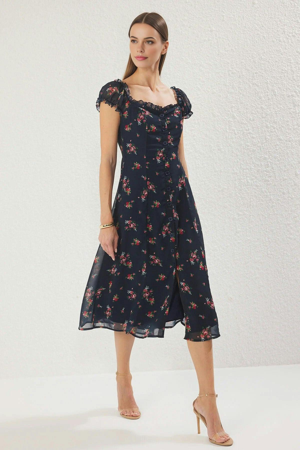 Wovcor Floral Lined Chiffon Woven Midi Dress - Multi - 6