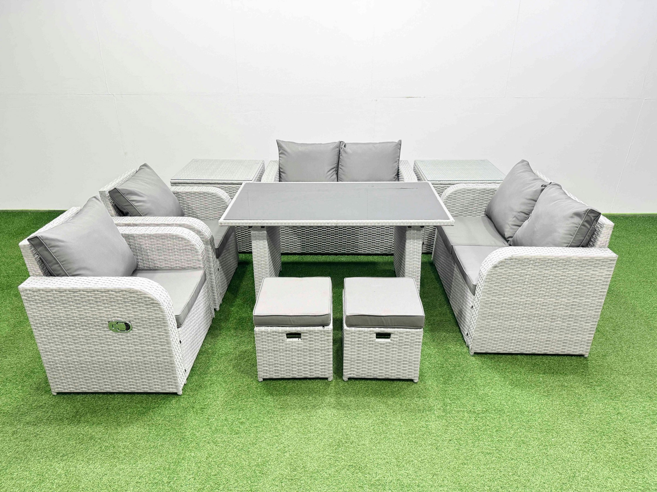 Fimous Light/Grey 9 Pieces Outdoor Pe Rattan Sofa Reclining Chair Set Patio Garden Furniture Sets With Cushions 2 Side Tables 2 Small Stools
