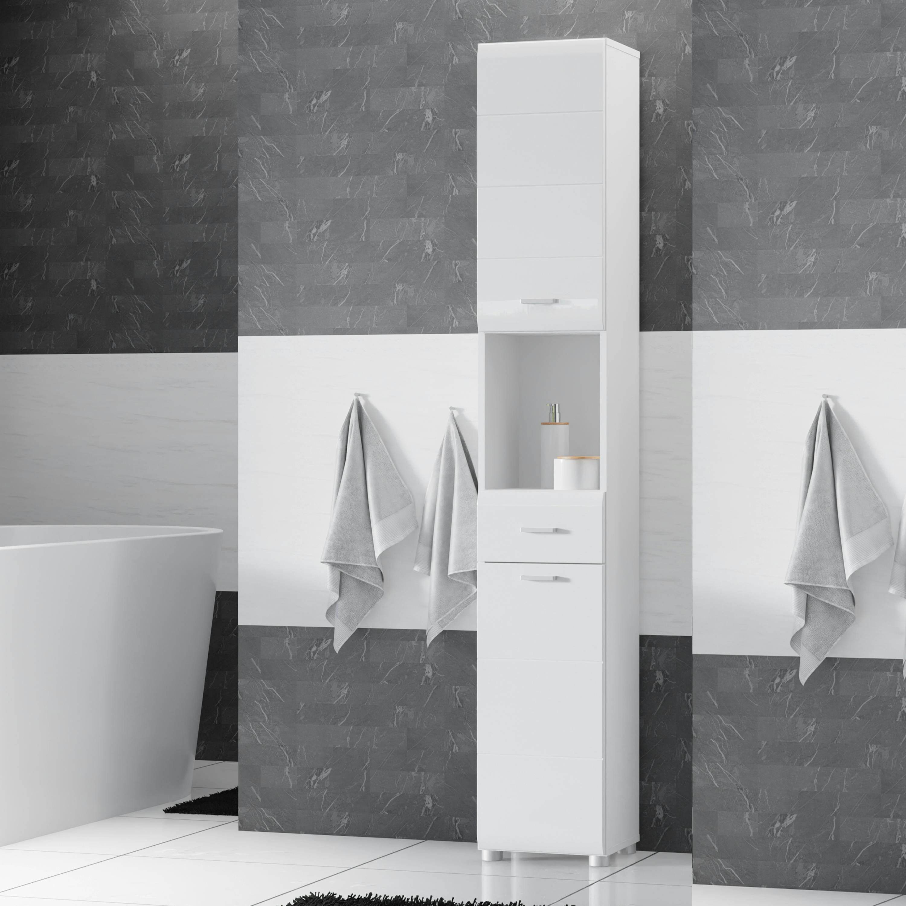 Furniture To Go Silver/White Ice Cave Narrow Bathroom Storage Cabinet With 2 Doors & 1 Drawer With Handles In With High Gloss Fronts - H 181.9 X W 30.2 X D 25.6Cm - 1