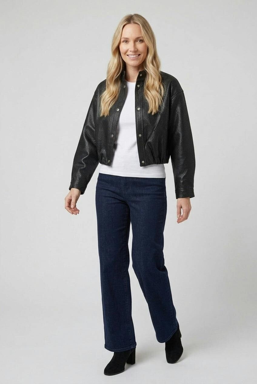 Izabel London Black Faux Leather High Neck Cropped Jacket - 14