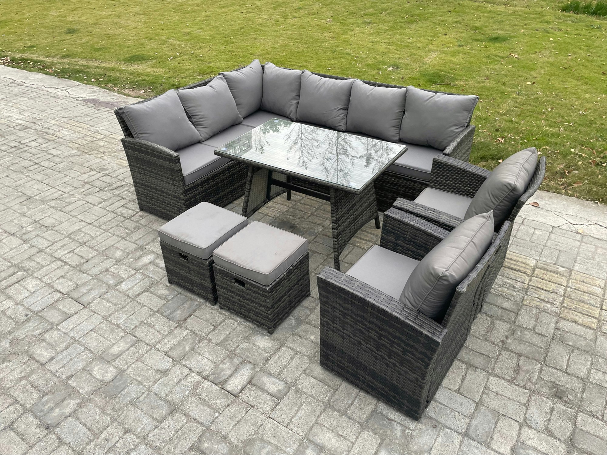 Rackhams Dark/Grey Rattan Garden Furniture Corner Sofa Set With Oblong Dining Table 2 Small Footstools 2 Armchairs Outdoor Wicker Rattan Set Mixed