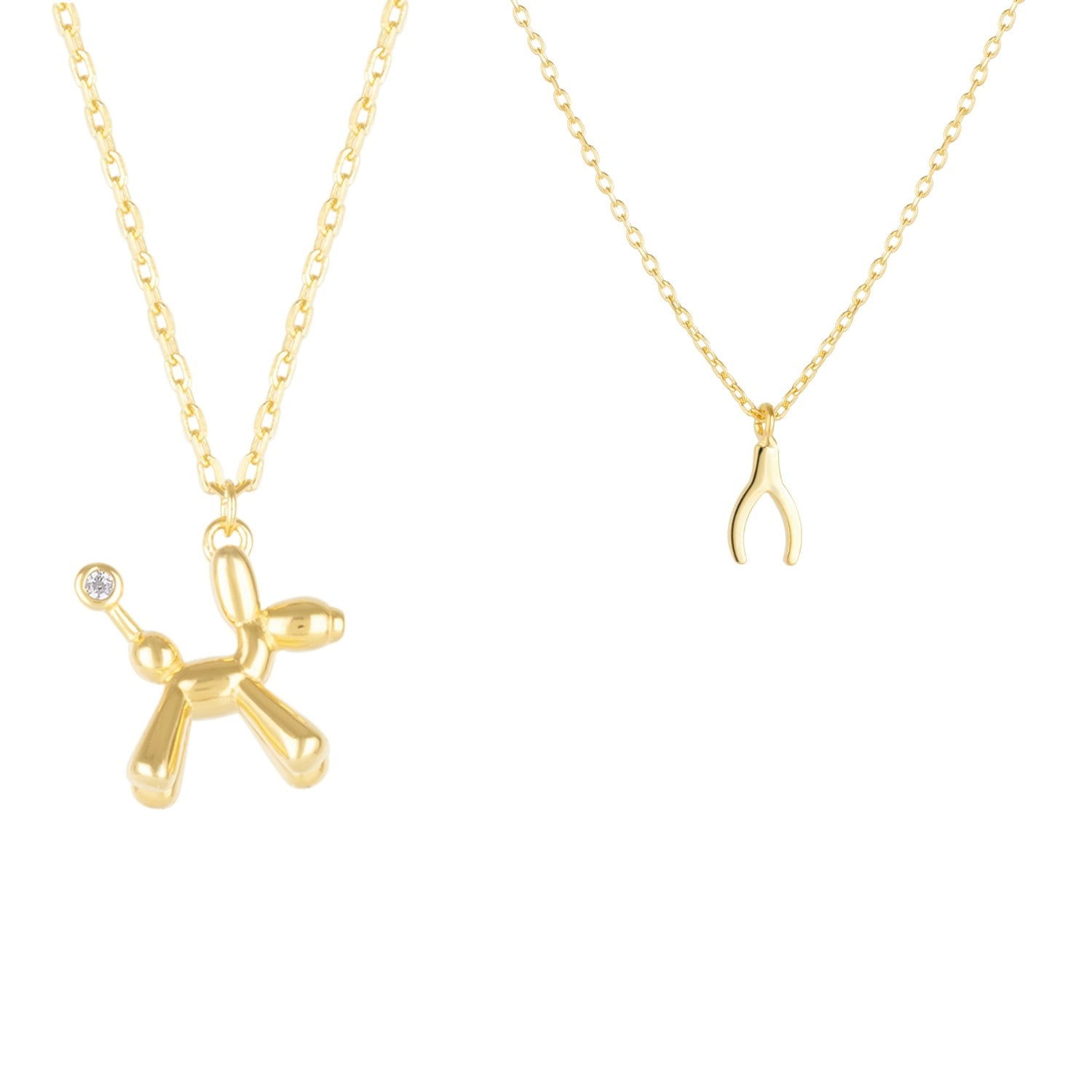 Spero London Silver/Gold Balloon Dog Poodle & Wishbone Necklace Layering Set In Sterling