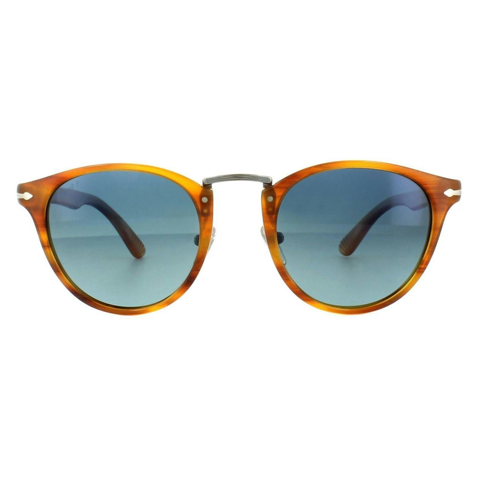 Persol Unisex Brown Round Striped Blue Polarized Sunglasses - Image 10
