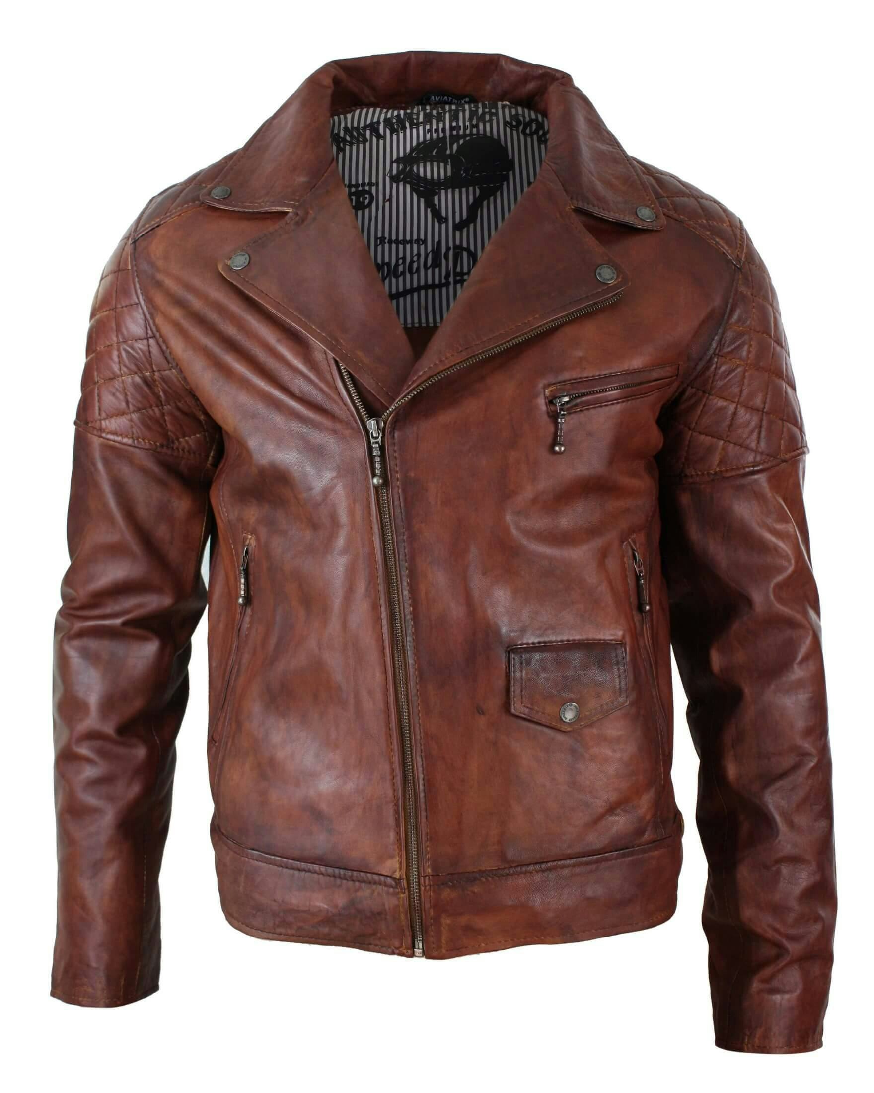 Aviatrix Men's Brown/Black Washed Leather Biker Jacket Cross Zip - Timber - Small