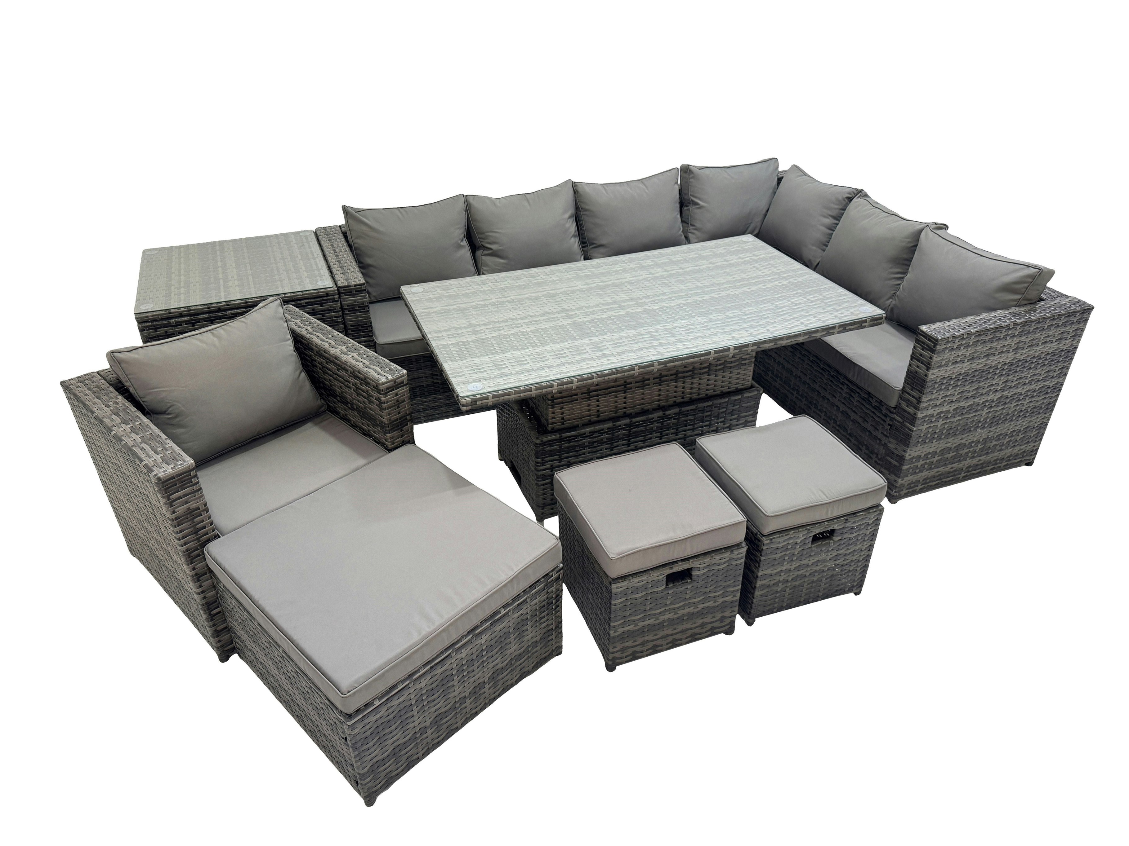 Fimous Dark/Grey 10 Seater Rattan Height Adjustable Rising Lifting Table Corner Sofa Sets With Chair 3 Stools Side Table Mixed