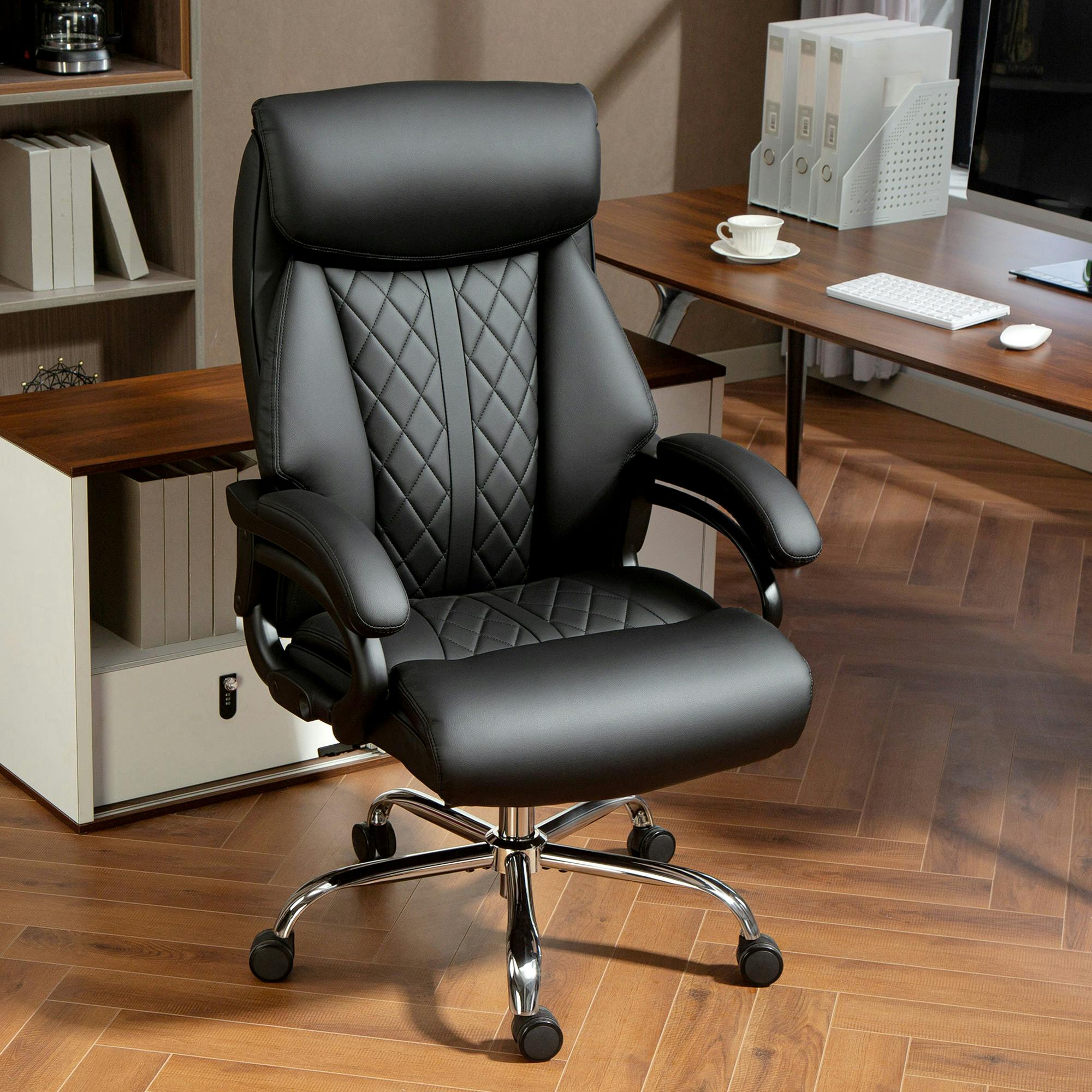 Rackhams Black Pu Leather Office Chair With Spring Padding, Swivel Wheels,