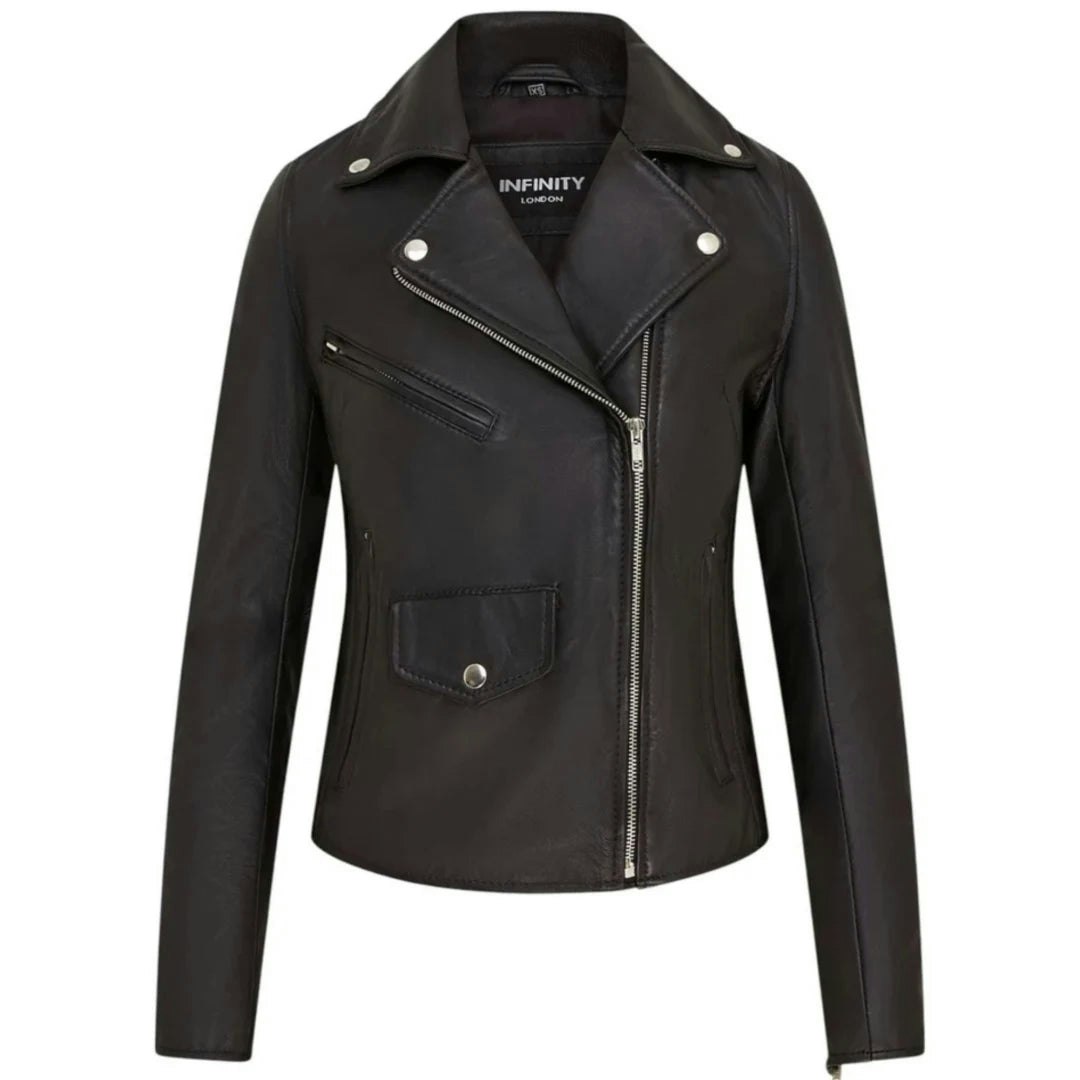 Infinity Leather Women's Black Leather Company Real Leather Brando Style Biker Jacket - Uk 14