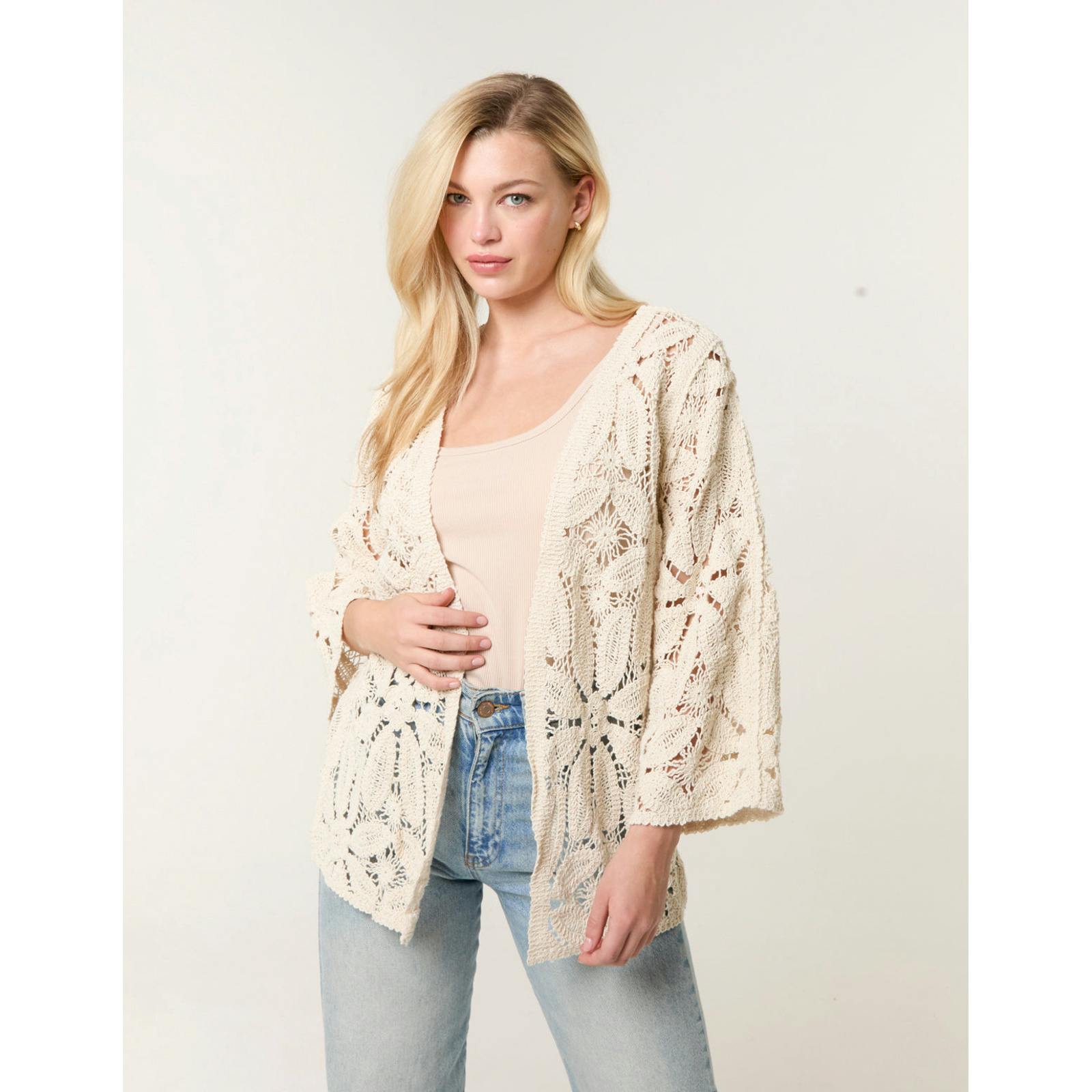 Blue Vanilla Crochet Tie Front Cardigan - L-Xl - Stone