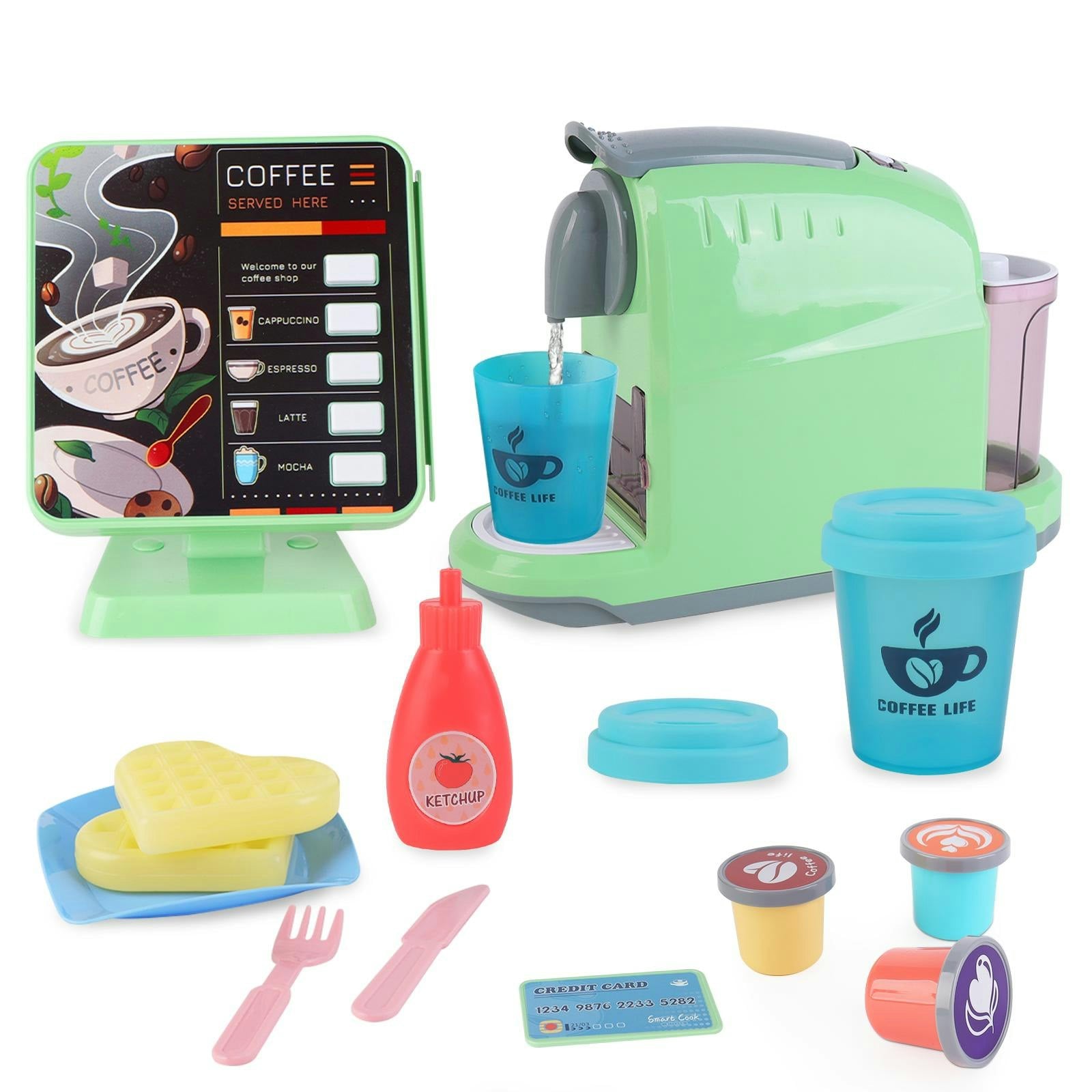 Deao Toys Coffee Shop Set With Coffee Maker Toy Menus Cash Register Toy Play Food - 3+