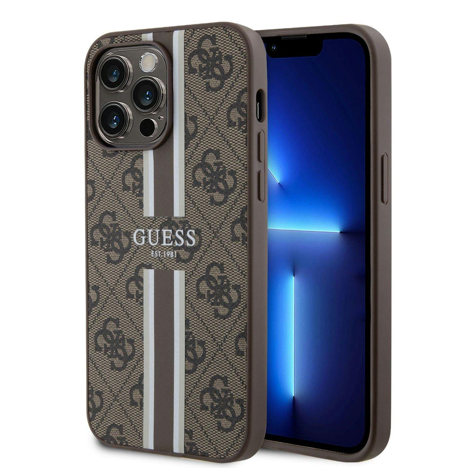 Guess Brown Leather 4G Printed Stripes Hardcase With Magsafe For Iphone 16 Pro Max 6.9" - Guhmp16xp4rpsw