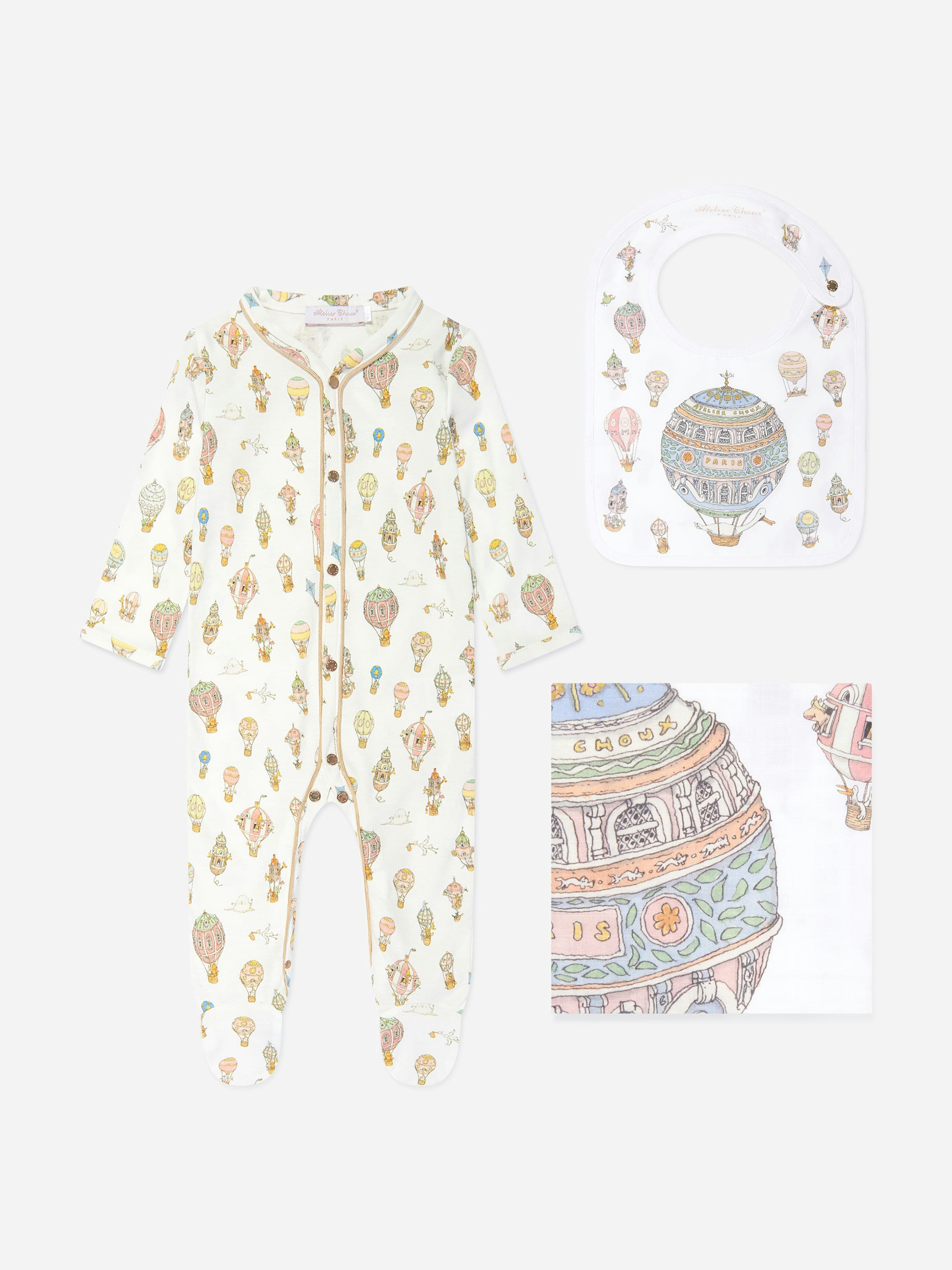 Atelier Choux White Baby Balloons Playsuit Swaddle And Bib Set In - 3 - 6 Mths
