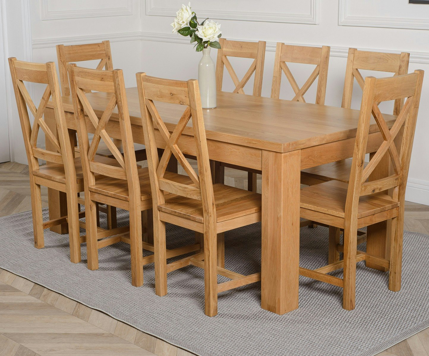 Rackhams Light/Grain/Brown Dakota Large Oak Dining Table With Berkeley Oak Chairs - Natural Oak - 8 Chairs