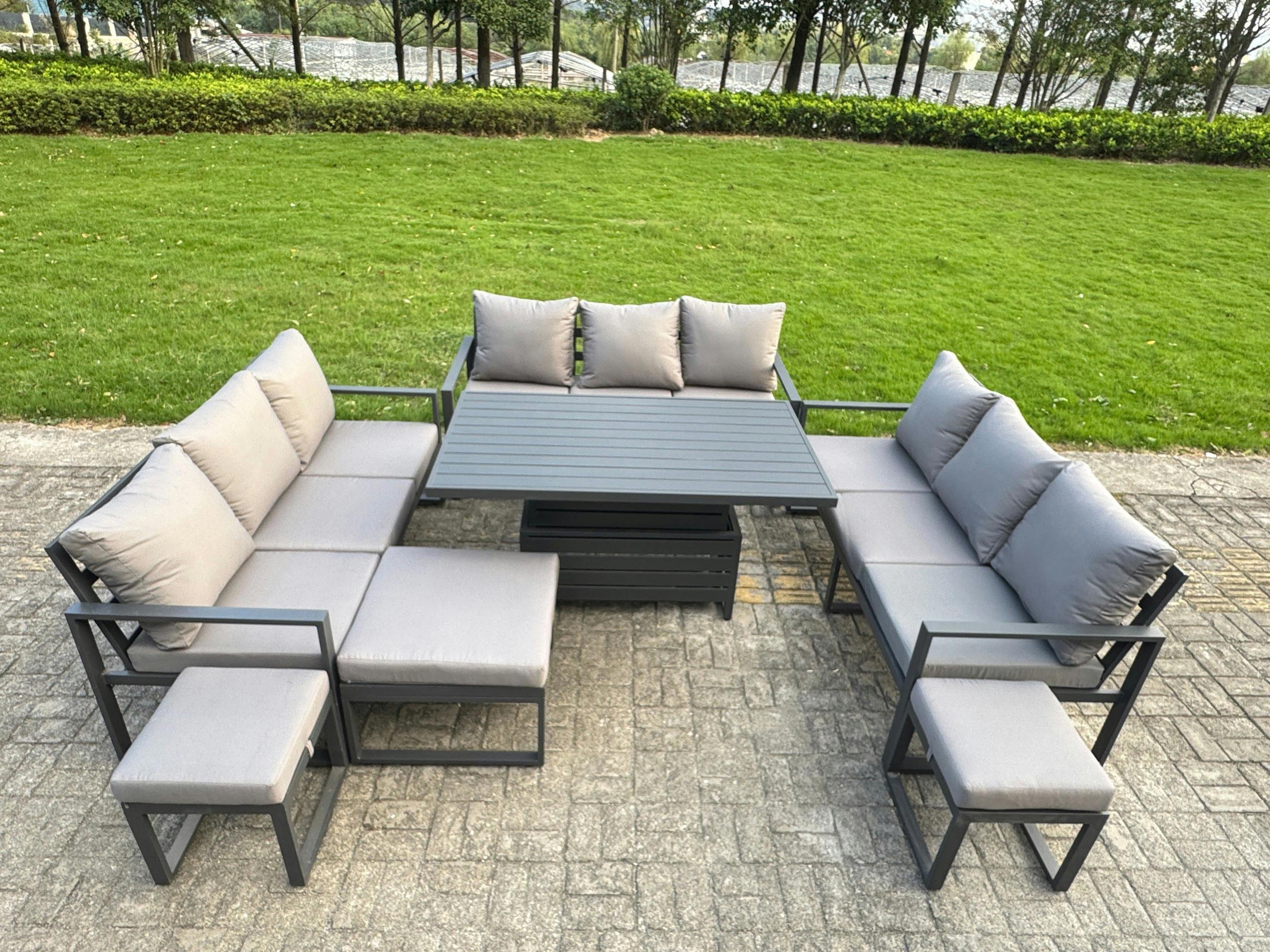 Rackhams Dark/Grey 12 Seater Aluminium Outdoor Patio Furniture Set With Adjustable Rising Dining Table 3 Footstools