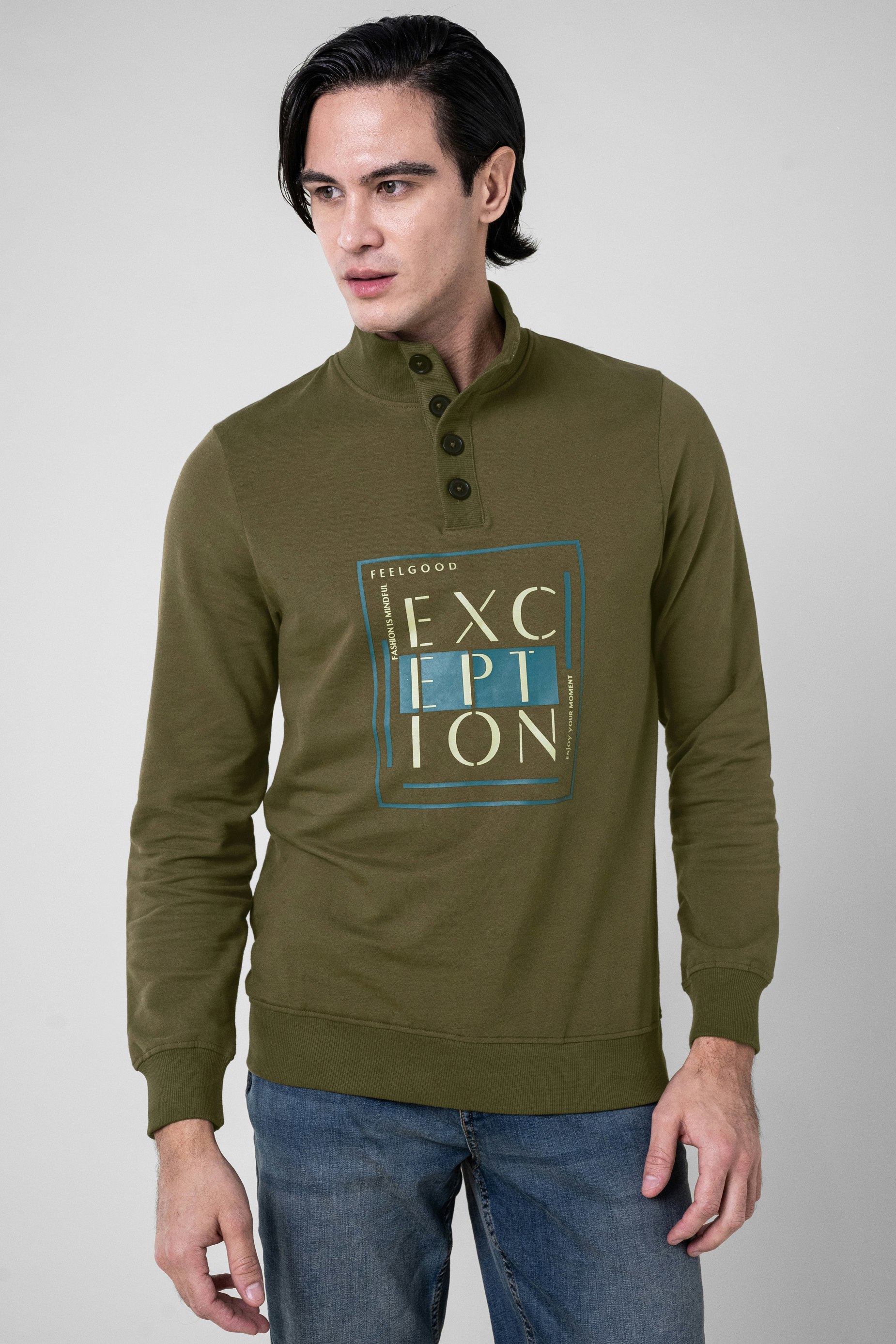Enorsia Button-Up Funnel Neck Sweatshirt - L - Olive - 92% Cotton, 8% Elastane