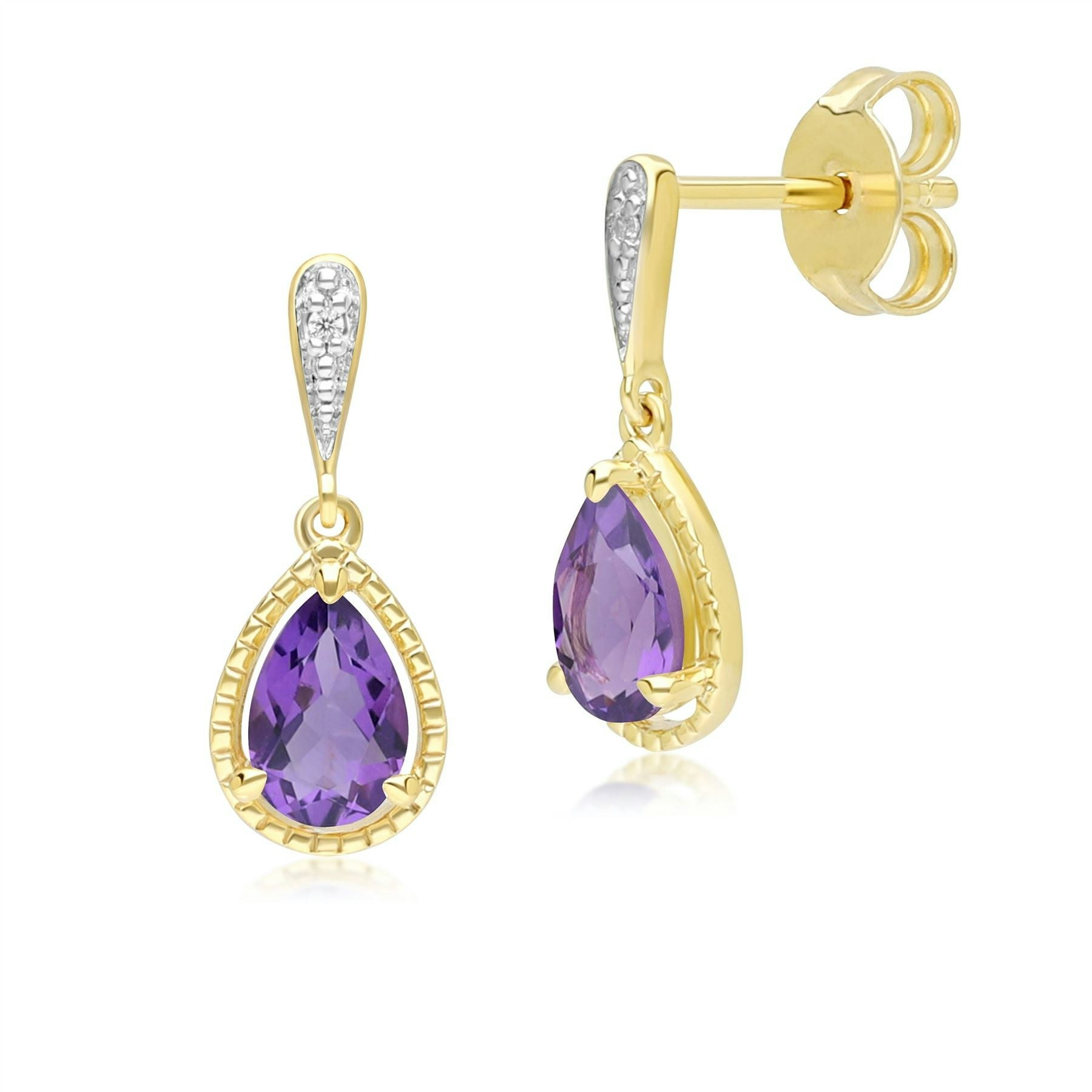 Gemondo Yellow/Gold Classic Pear Amethyst & Diamond Drop Earrings In 9Ct