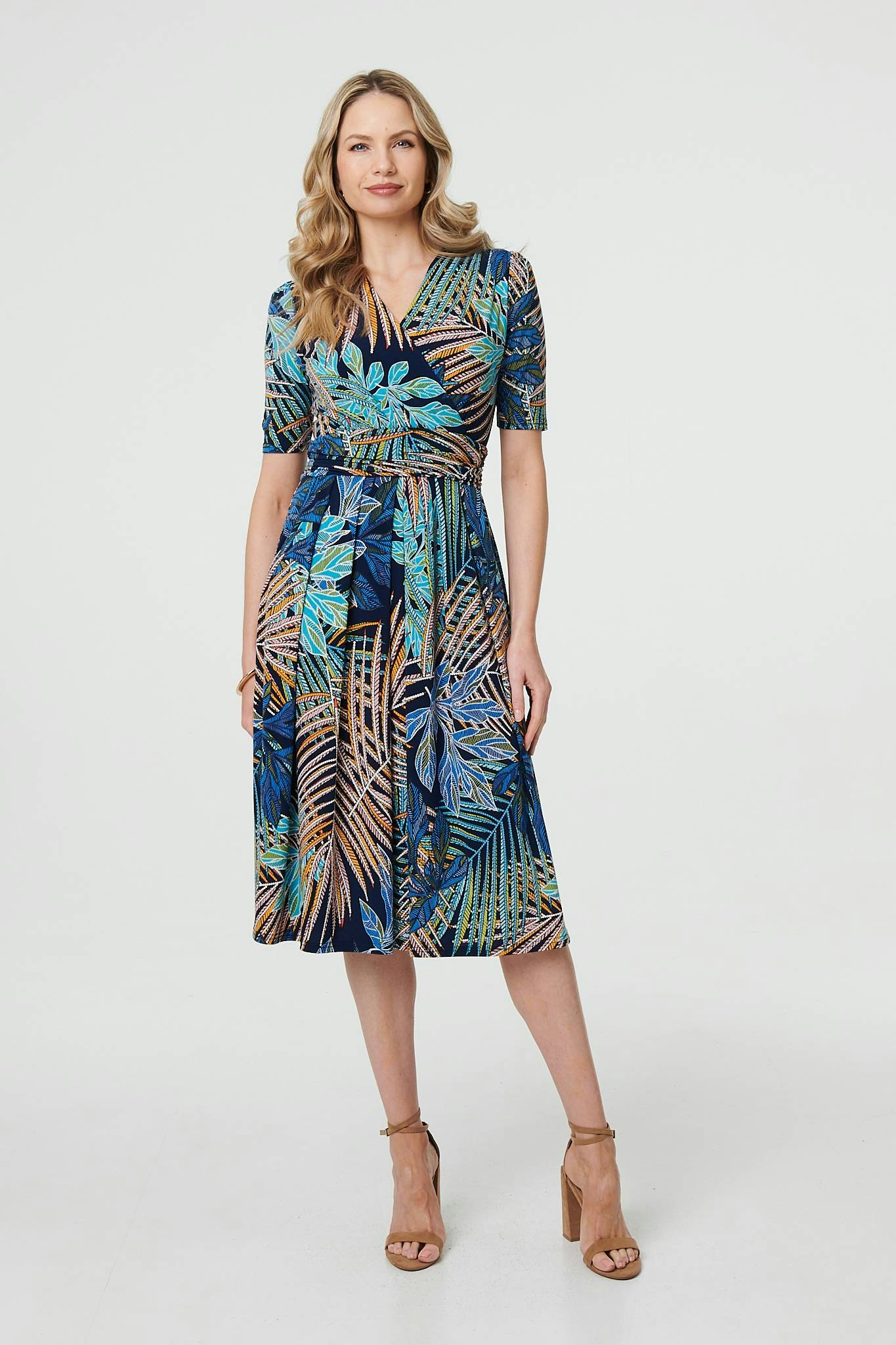 Izabel London Blue Leaf Print Wrap Front Pleat Midi Dress - 12