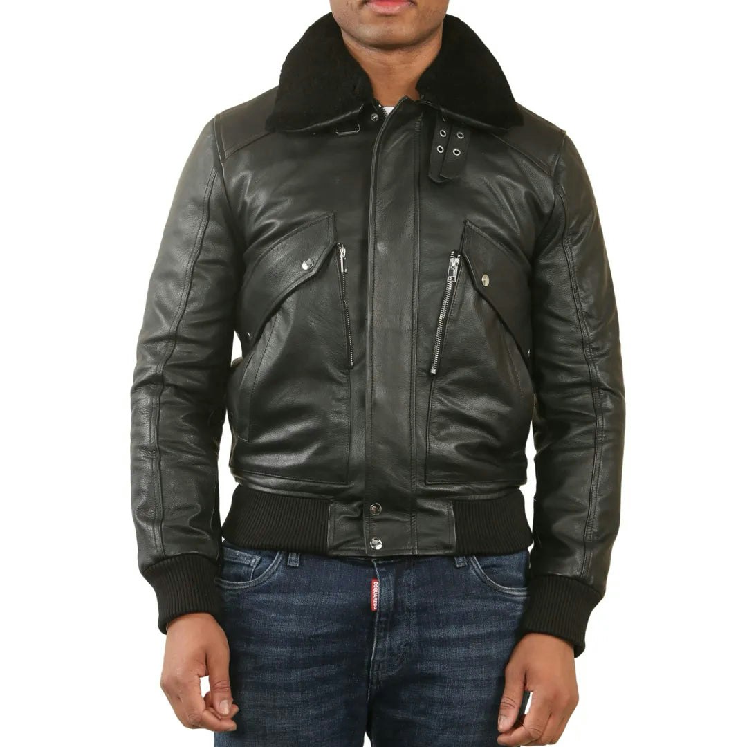 Infinity Leather Men's Black Cowhide Aviator Bomber Leather Jacket - 4XL