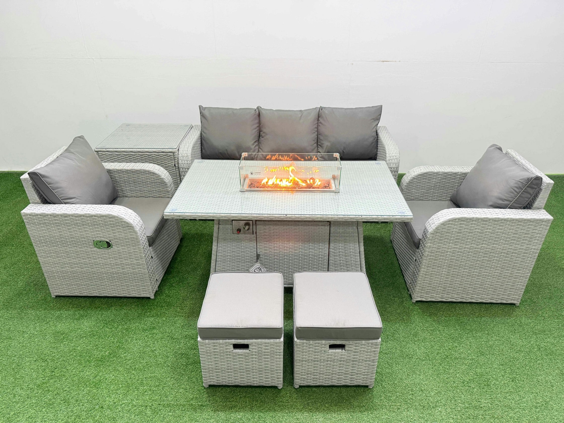 Fimous Light/Grey Pe Rattan Garden Furniture Set Reclining Chair Sofa Lounge Sofa Set Fire Pit Dining Table Side Table 2 Small Stools