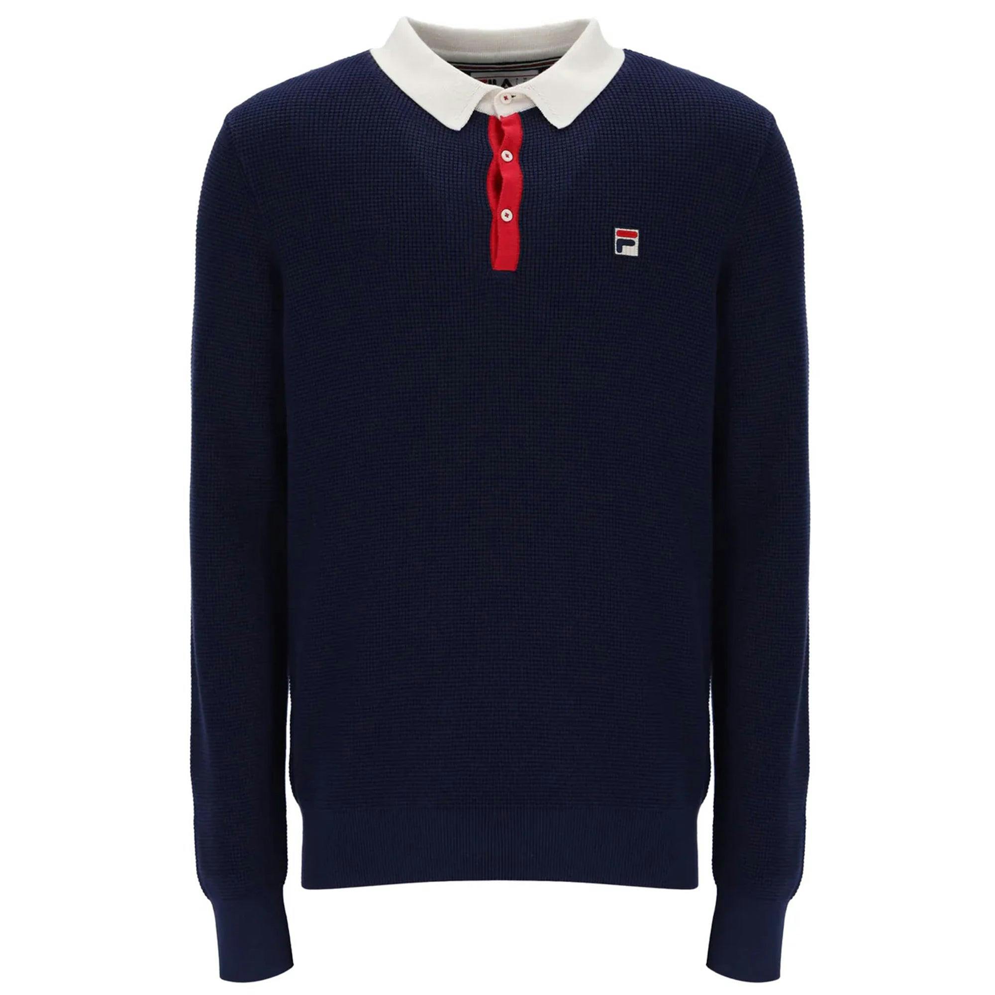 Fila Red Nowell Waffle Knit Long Sleeve Polo Shirt Navy/Gardenia/Fila - Xl