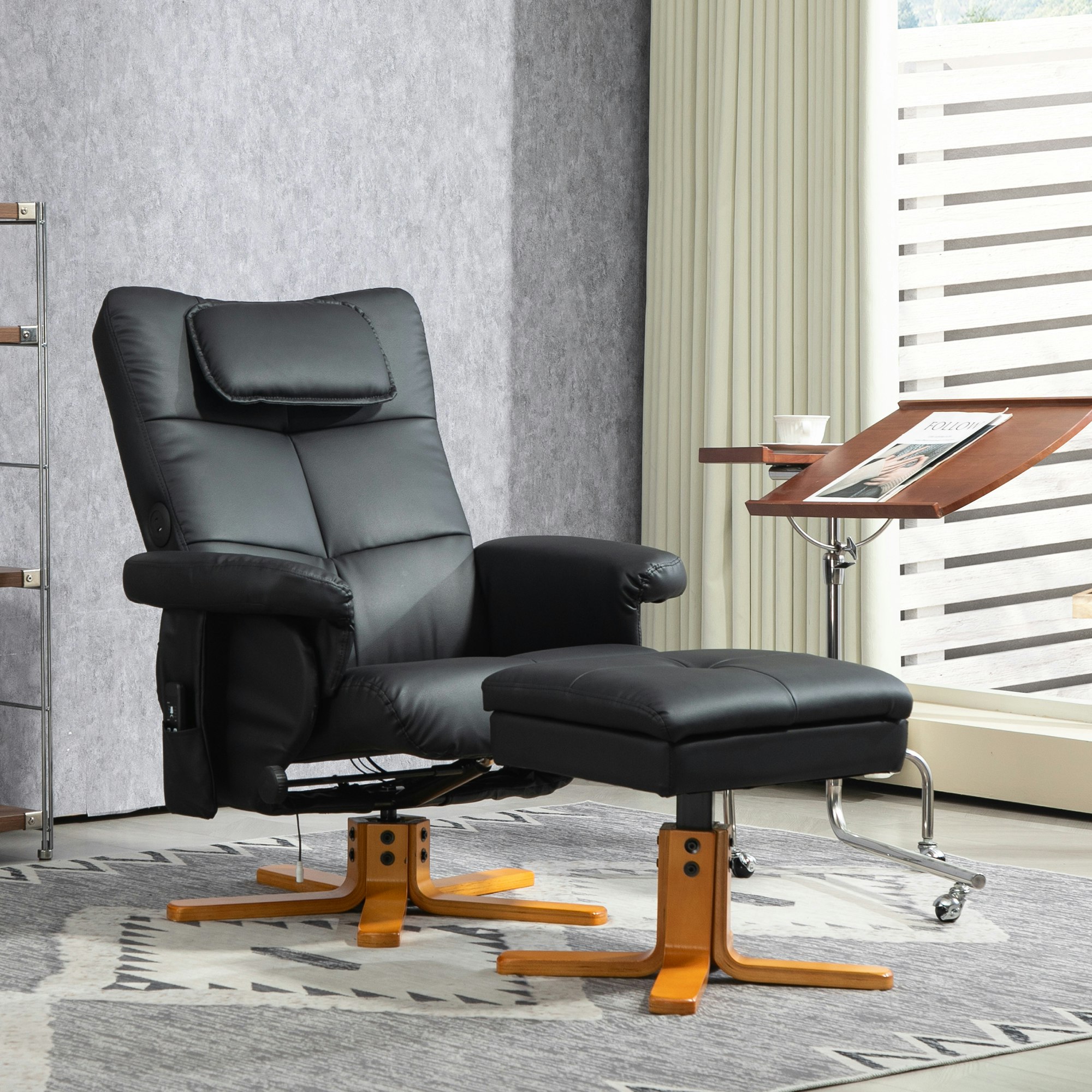 Rackhams Black Massage Recliner Chair With Footstool Hidden Storage - Pu Leather, Wood
