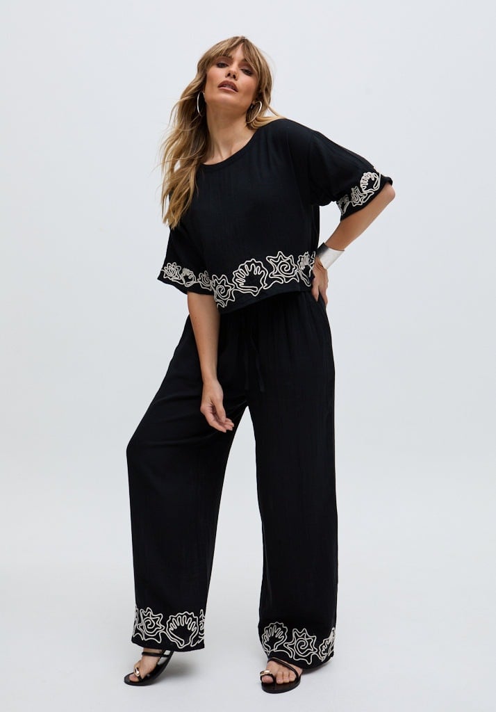 Raffya Black Milly Wide Leg Embroidered Trouser In - 16