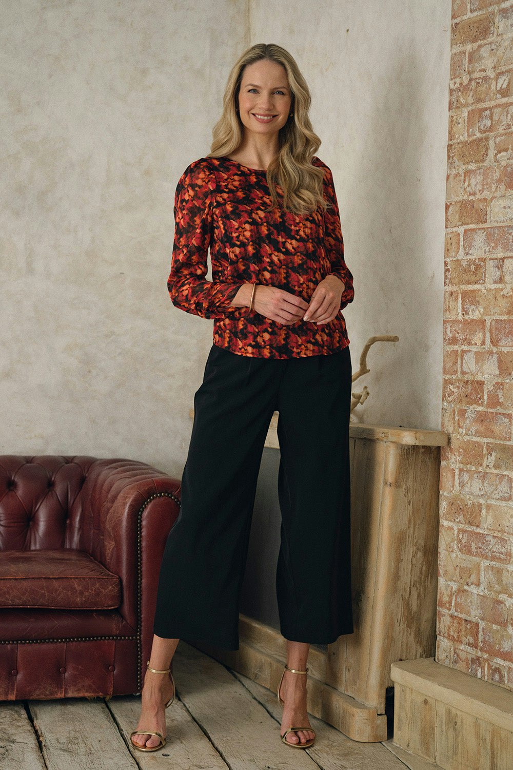 Izabel London Orange Printed Semi Sheer Long Sleeve Blouse - 16