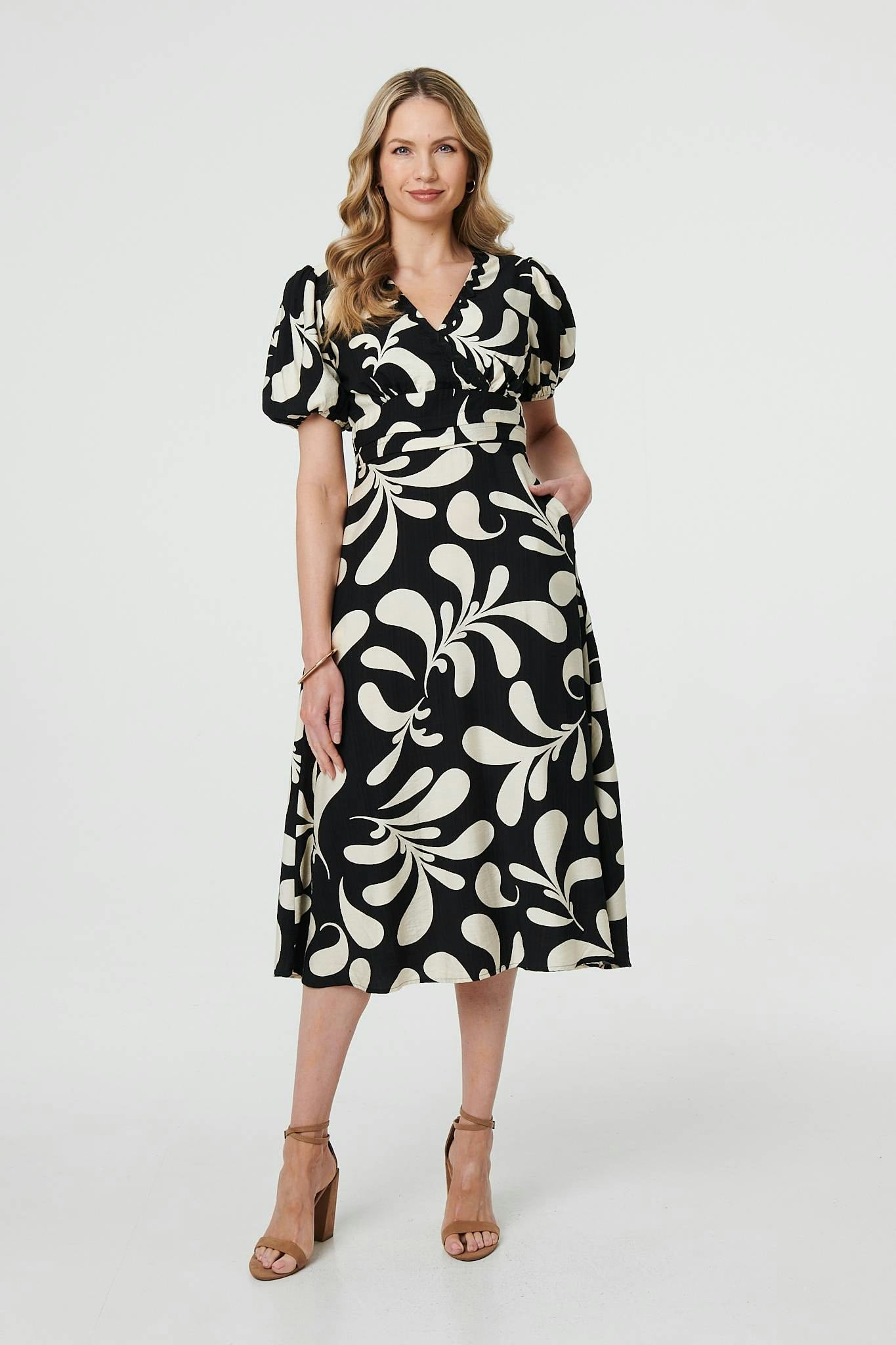 Izabel London Black Leaf Print Puff Sleeve Wrap Midi Dress - 8