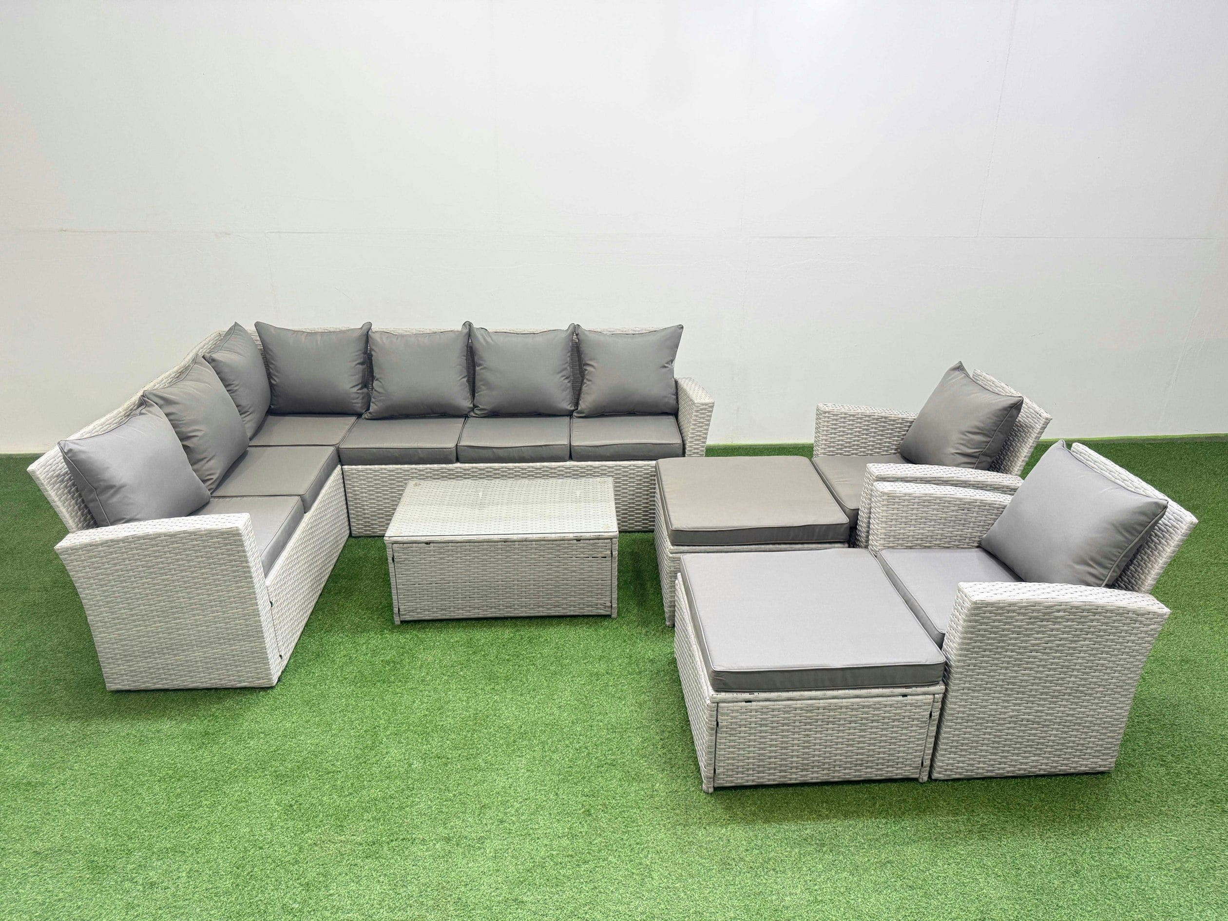 Fimous Light/Grey 10 Seater Garden Outdoor Pe Rattan Furniture Set Rattan Garden Sofa Set With 2 Big Footstools 2 Chair Mixed
